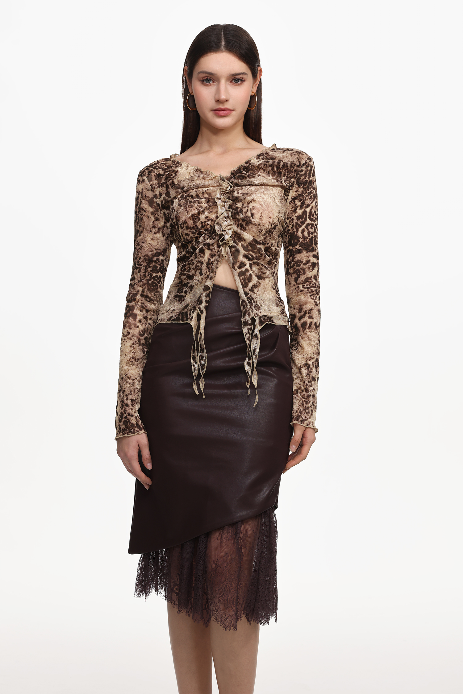 Yuhie Vintage Flocked  Top And Faux Leather Skirt Set