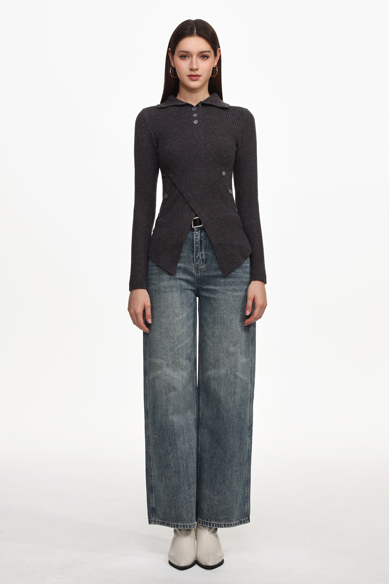 Dotty Chic Long Sleeve Buttoned Knit Top