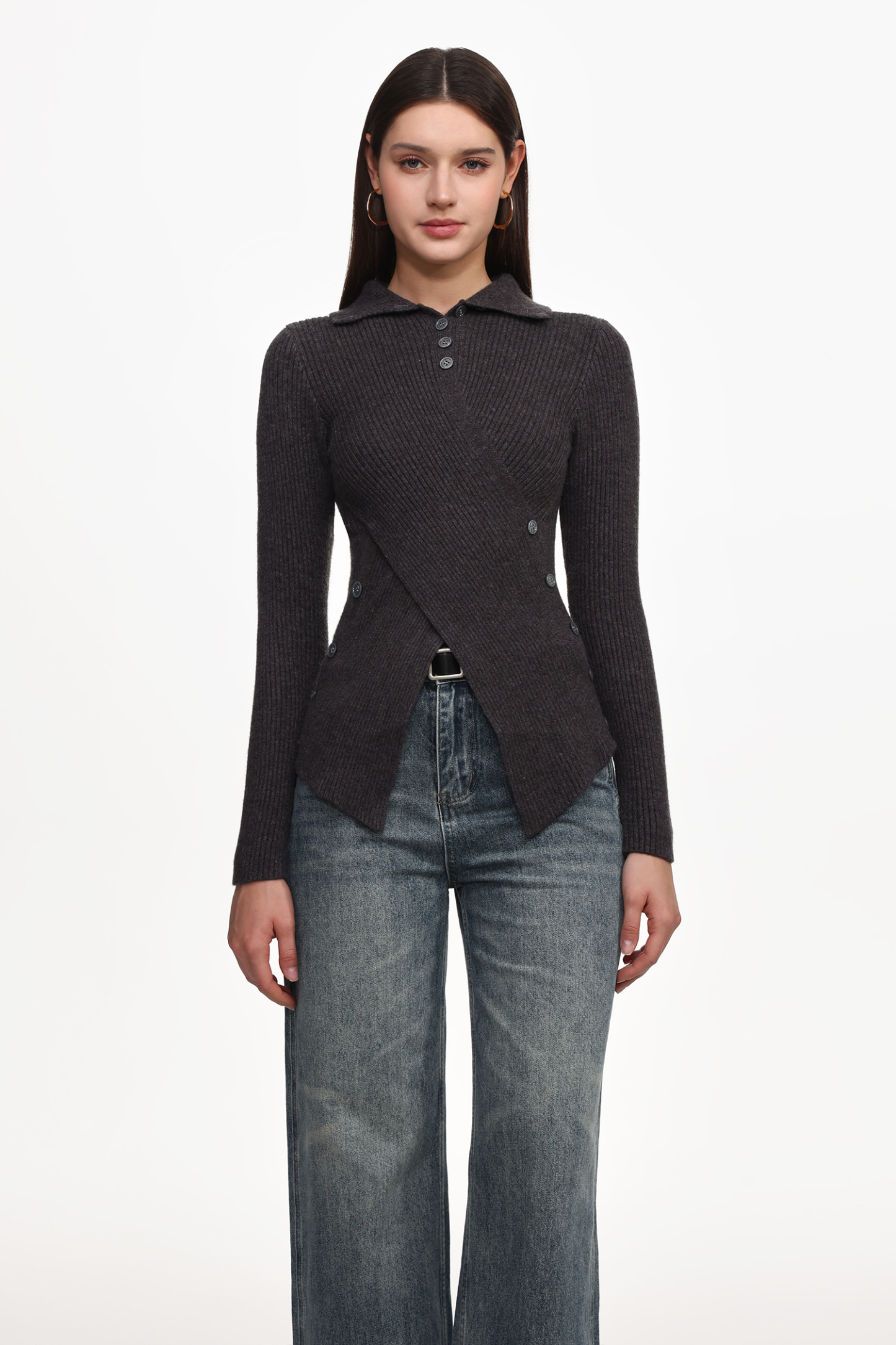 Dotty Chic Long Sleeve Buttoned Knit Top