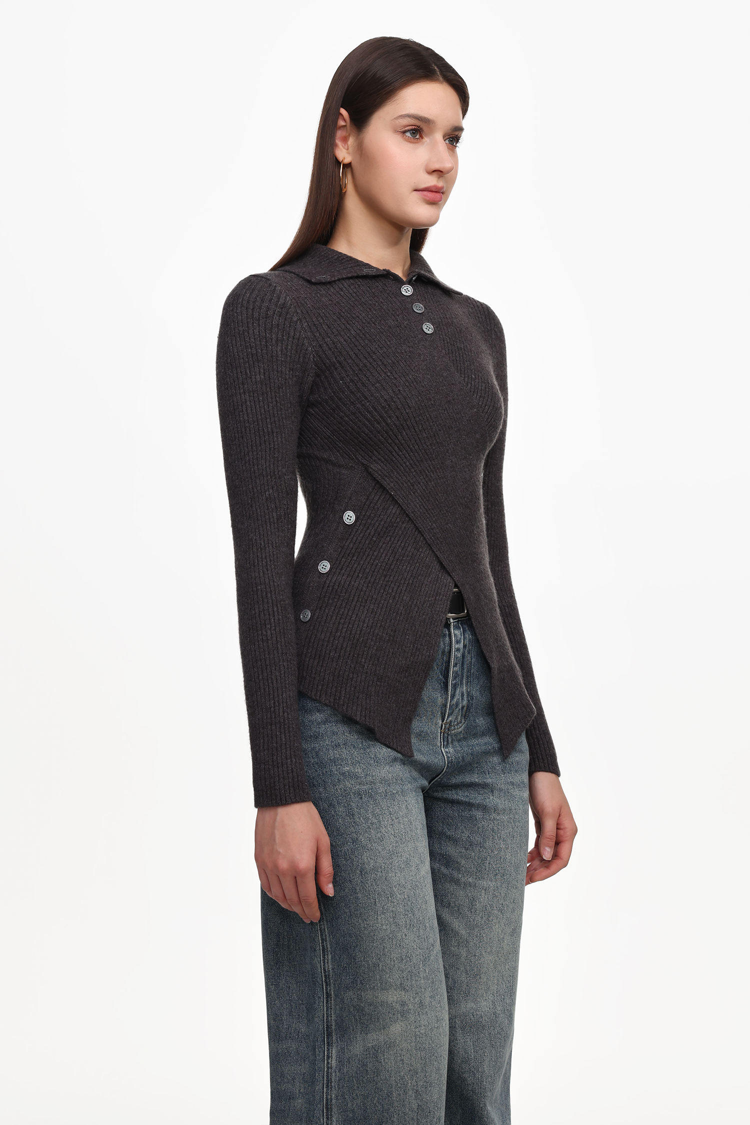 Dotty Chic Long Sleeve Buttoned Knit Top