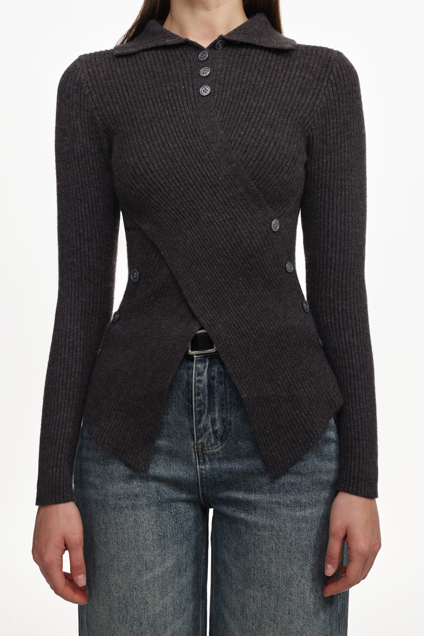 Dotty Chic Long Sleeve Buttoned Knit Top