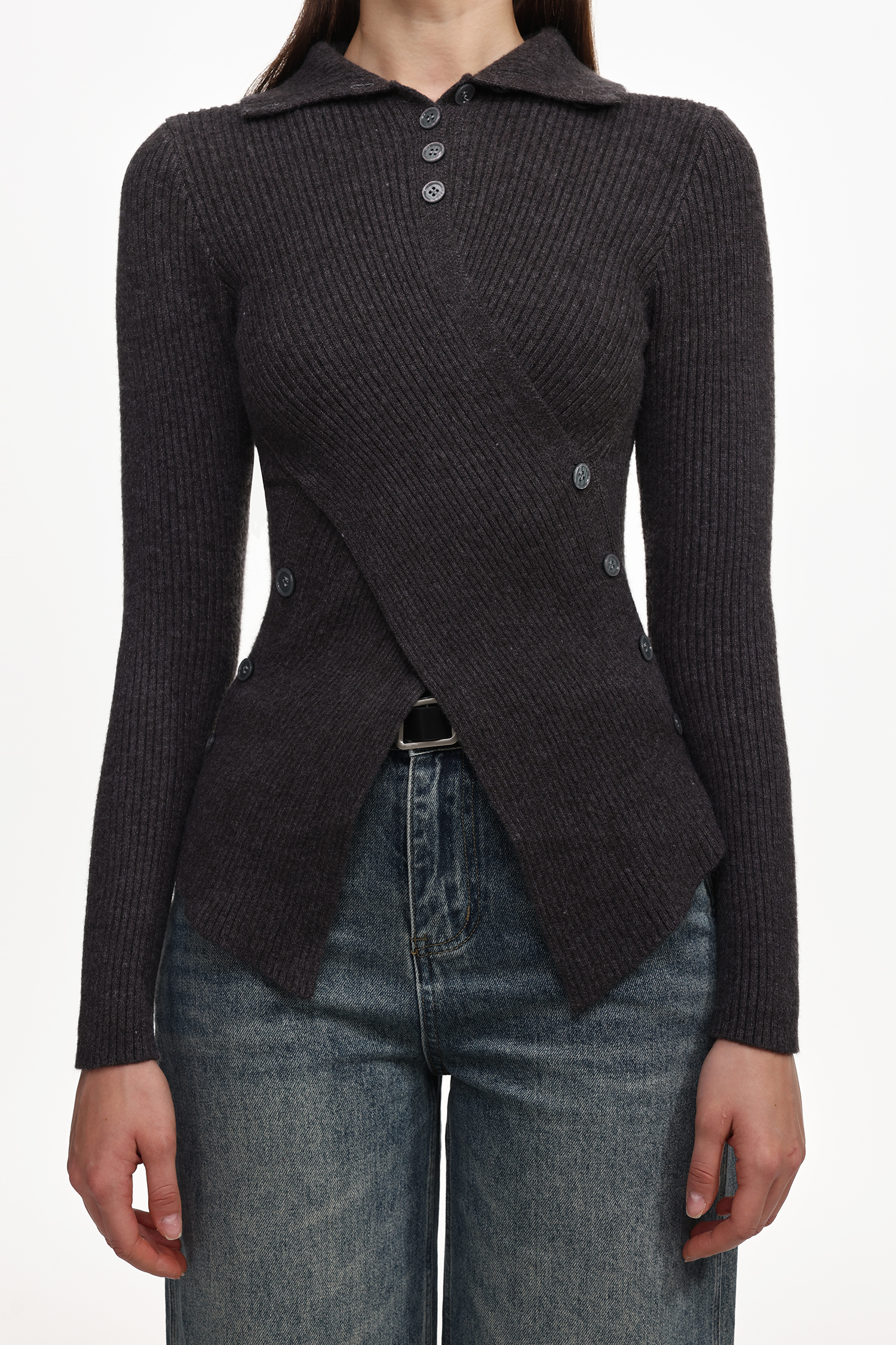 Dotty Chic Long Sleeve Buttoned Knit Top