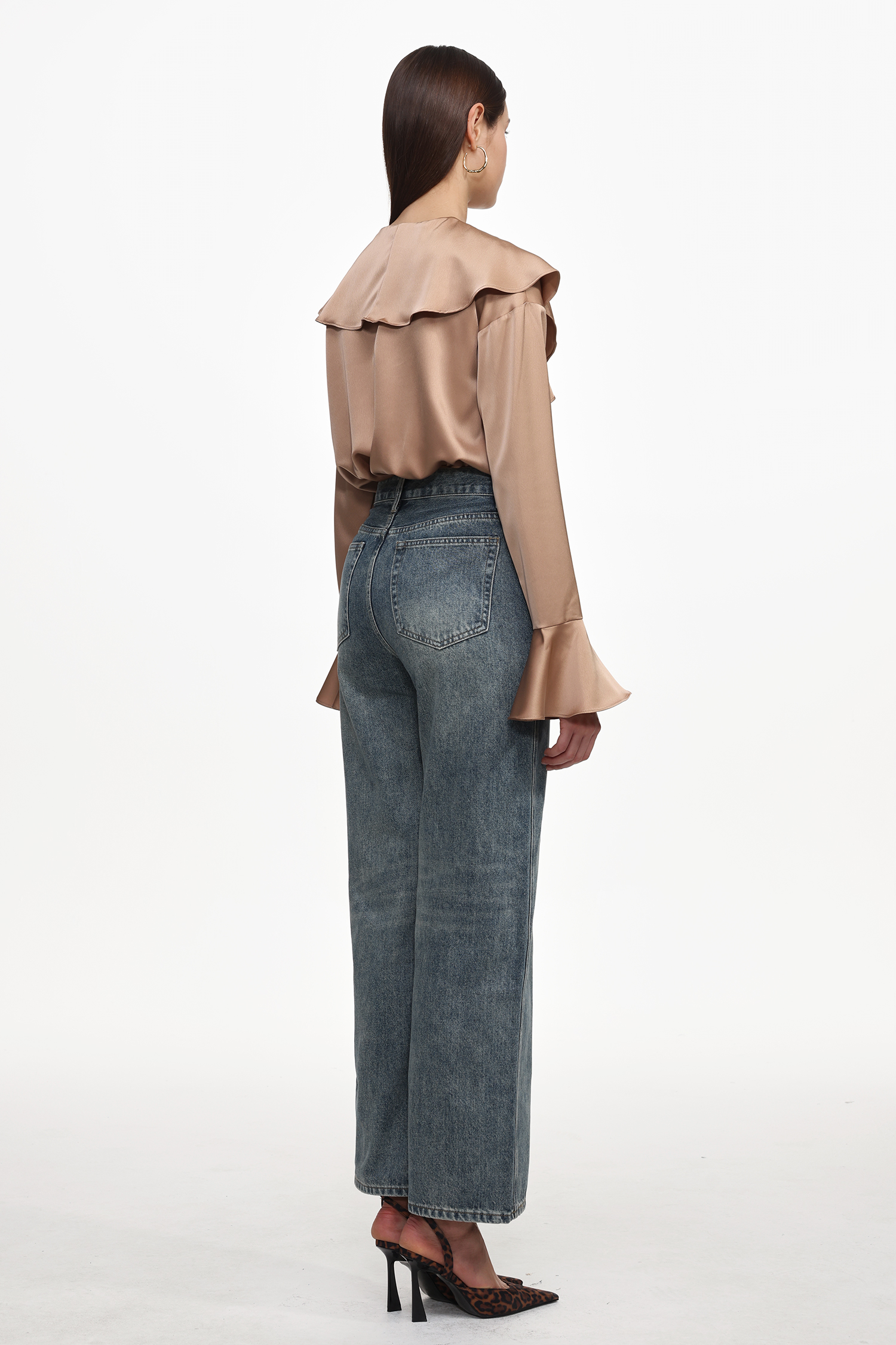 Minola Chic Flowy V Neck Long Sleeve Ruffle Satin Jumpsuit