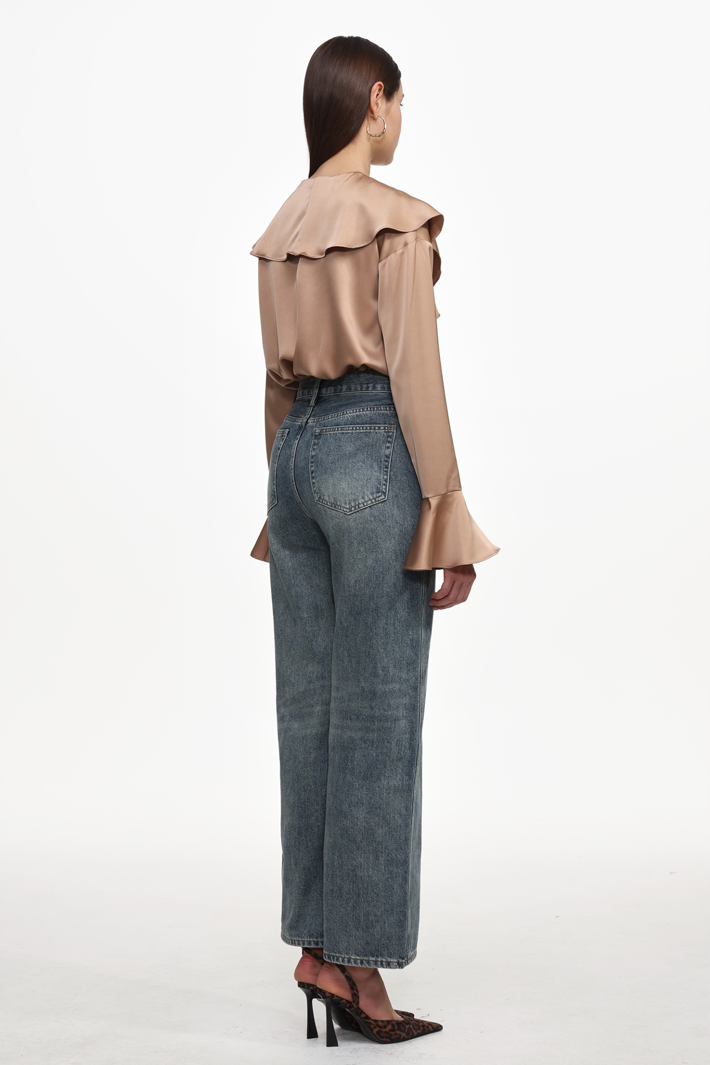 Minola Chic Flowy V Neck Long Sleeve Ruffle Satin Jumpsuit