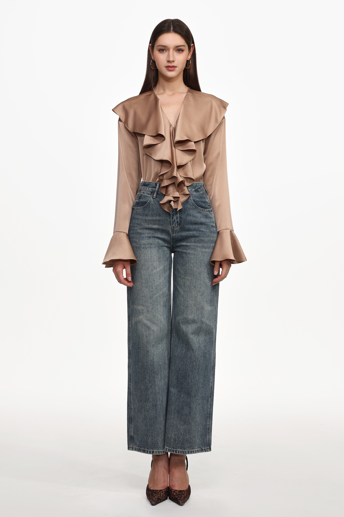 Minola Chic Flowy V Neck Long Sleeve Ruffle Satin Jumpsuit