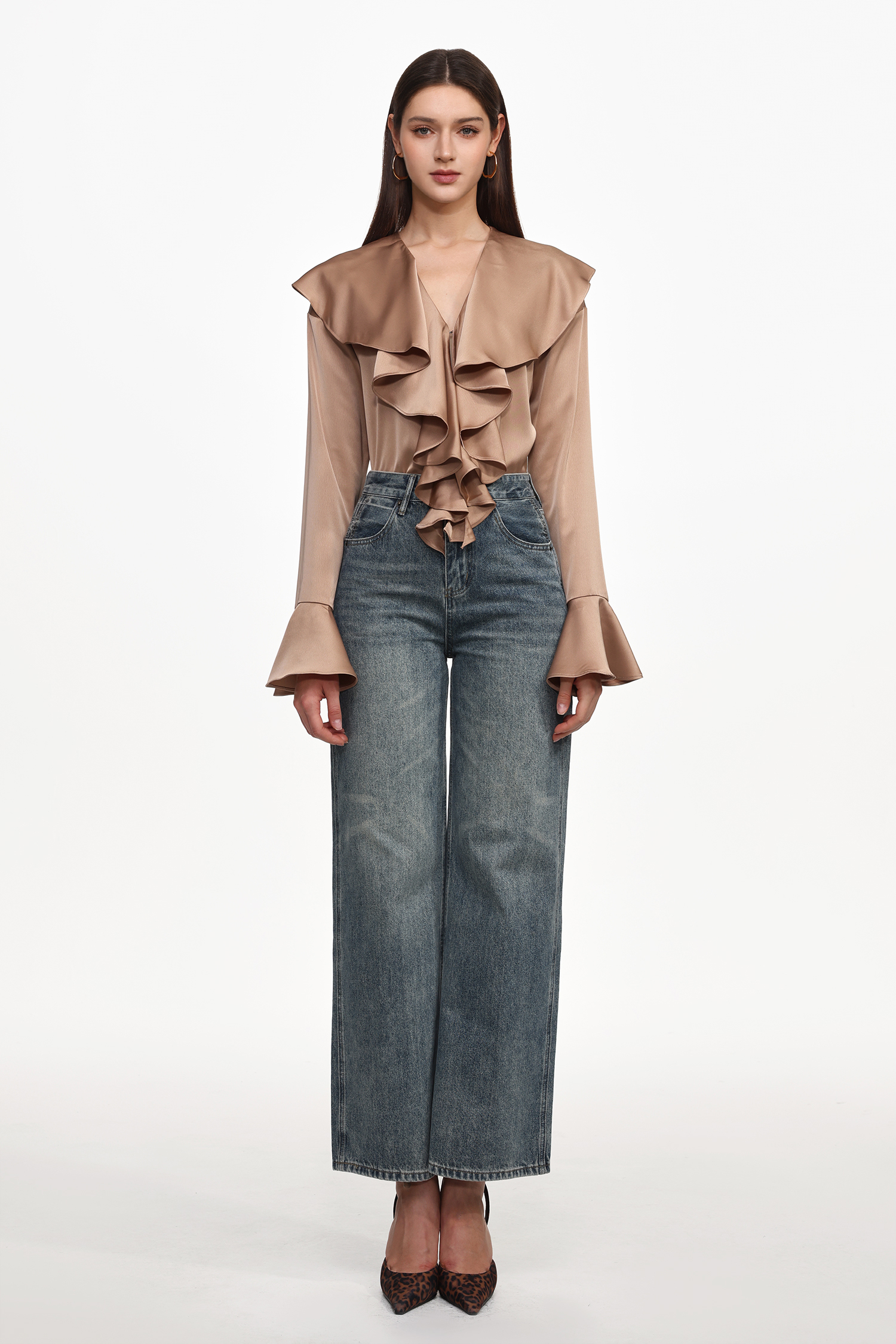 Minola Chic Flowy V Neck Long Sleeve Ruffle Satin Jumpsuit