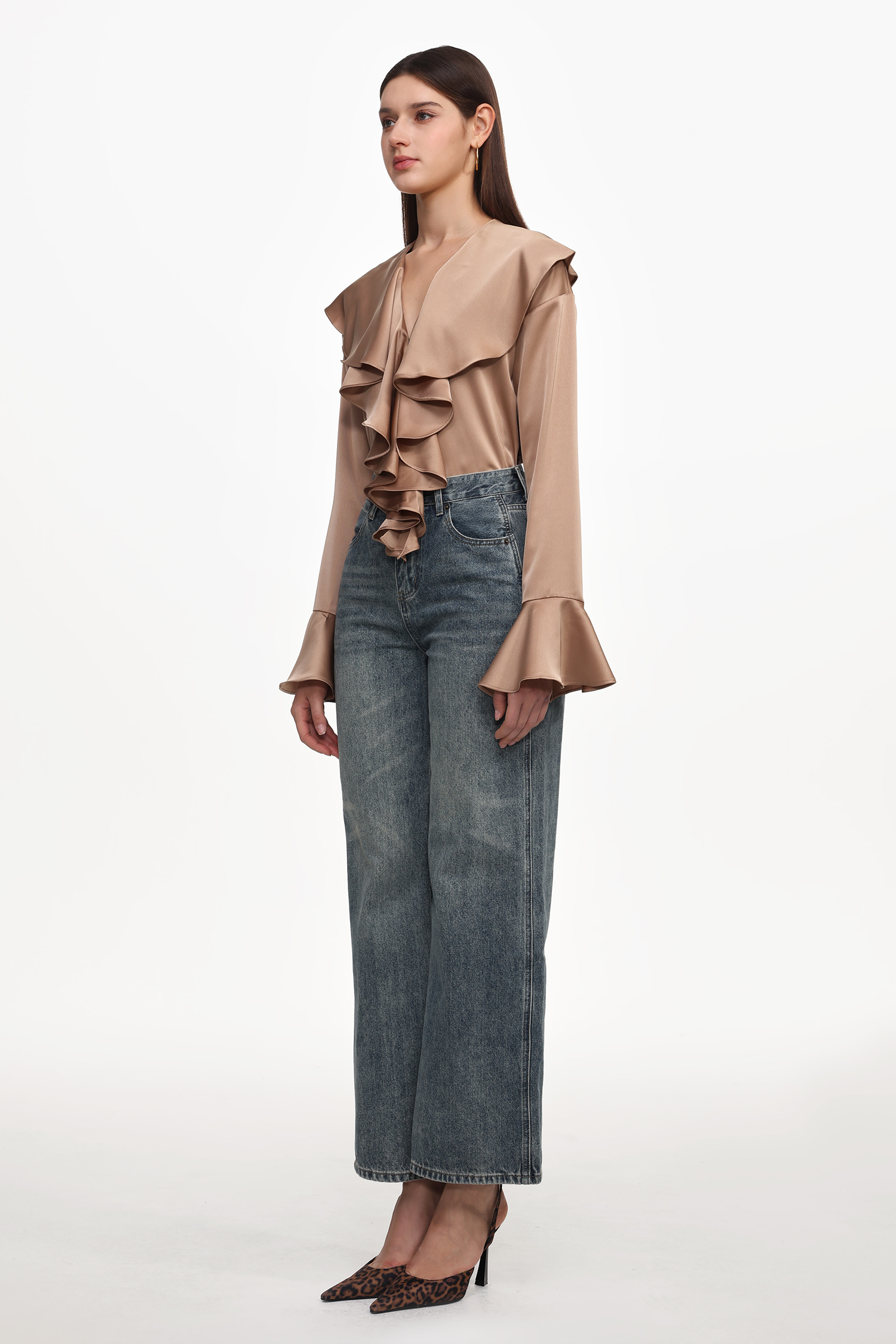 Minola Chic Flowy V Neck Long Sleeve Ruffle Satin Jumpsuit