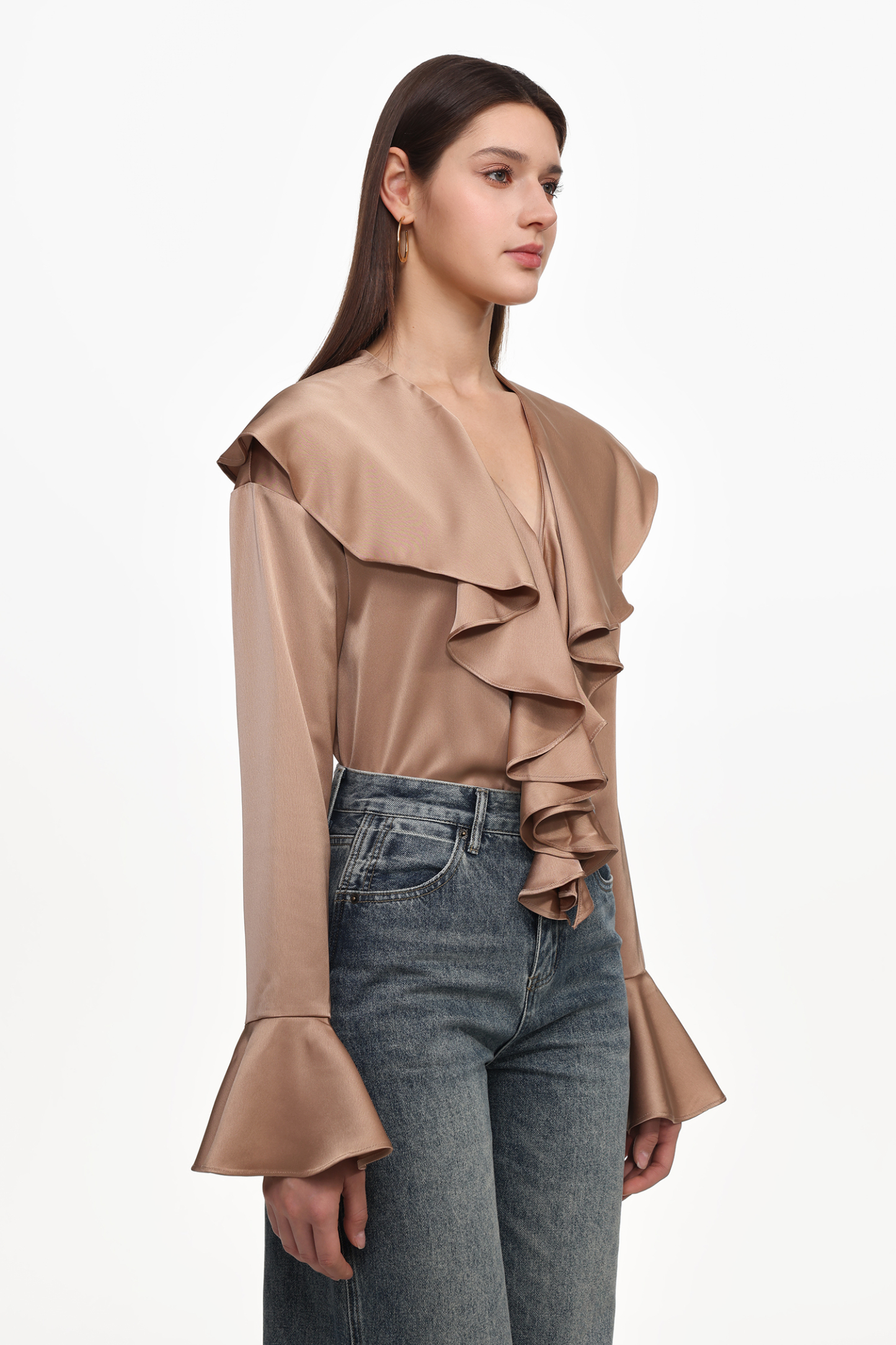 Minola Chic Flowy V Neck Long Sleeve Ruffle Satin Jumpsuit