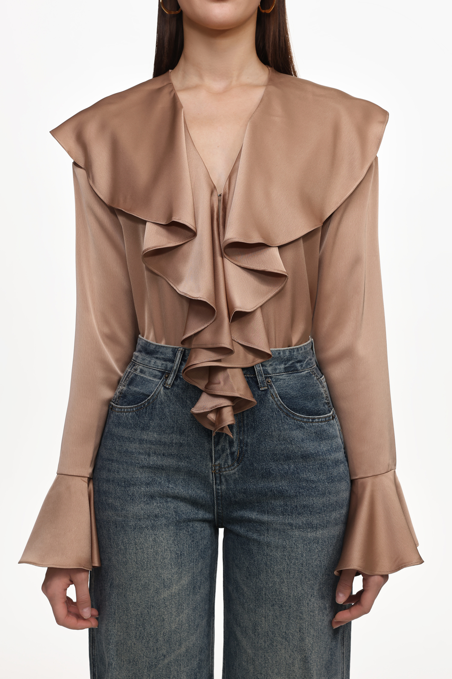 Minola Chic Flowy V Neck Long Sleeve Ruffle Satin Jumpsuit