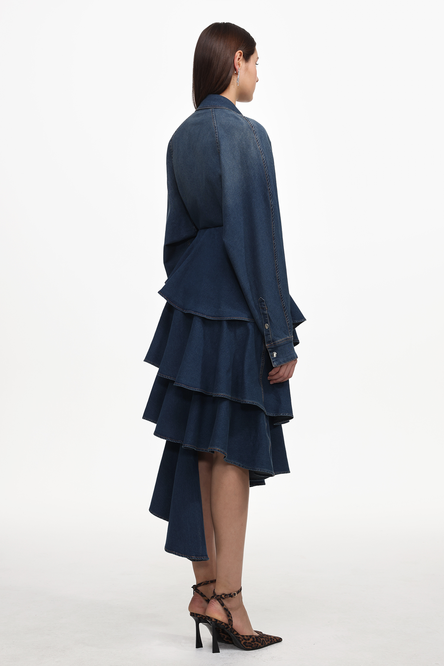 Imola Chic Flowy Long Sleeve Asymmetric Ruffle Denim Top And Skirt Set