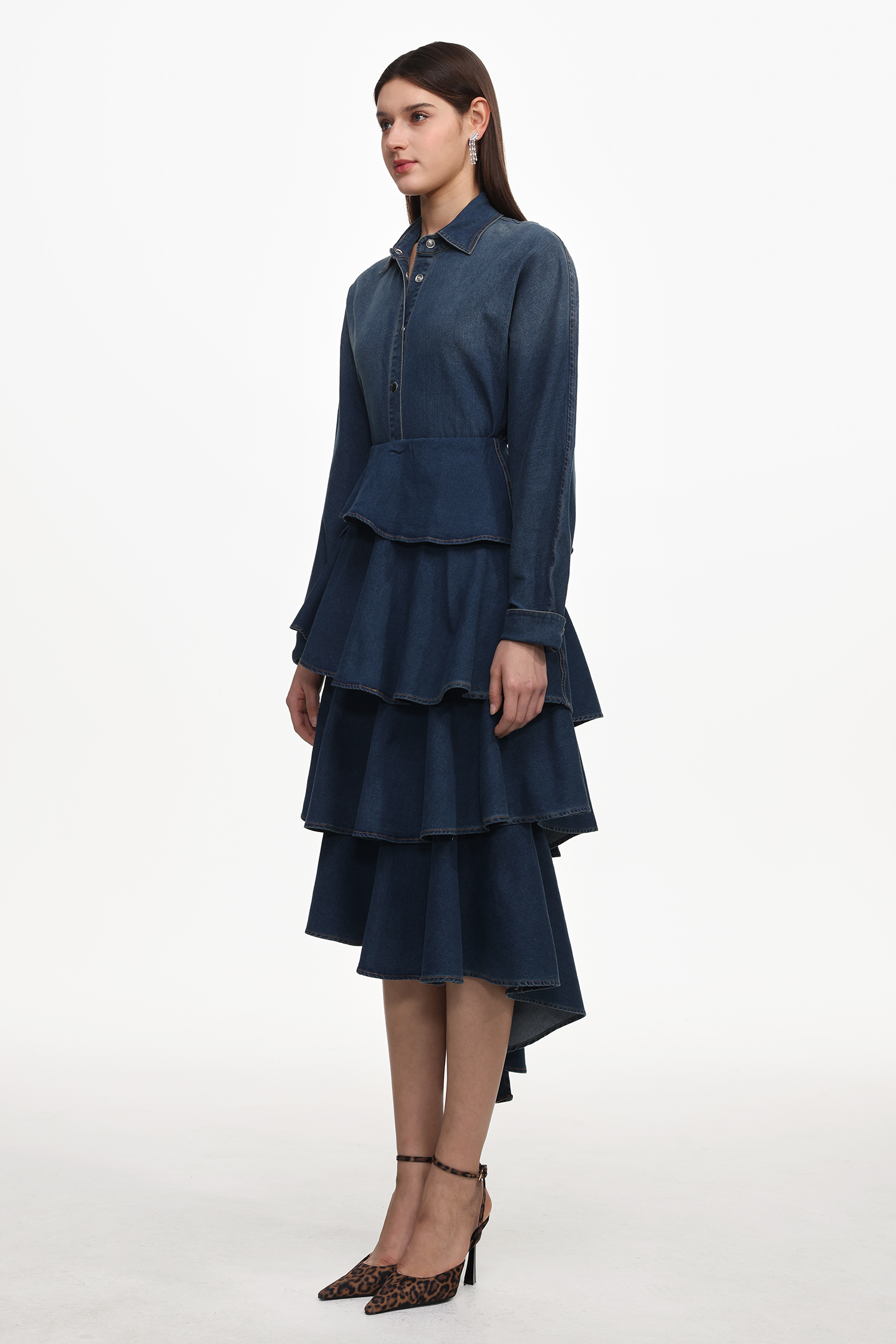 Imola Chic Flowy Long Sleeve Asymmetric Ruffle Denim Top And Skirt Set