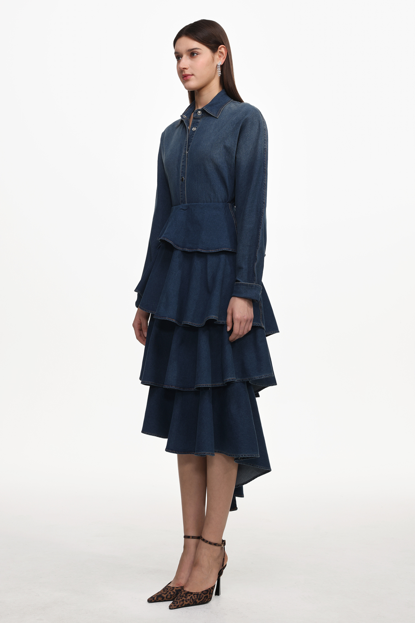 Imola Chic Flowy Long Sleeve Asymmetric Ruffle Denim Top And Skirt Set