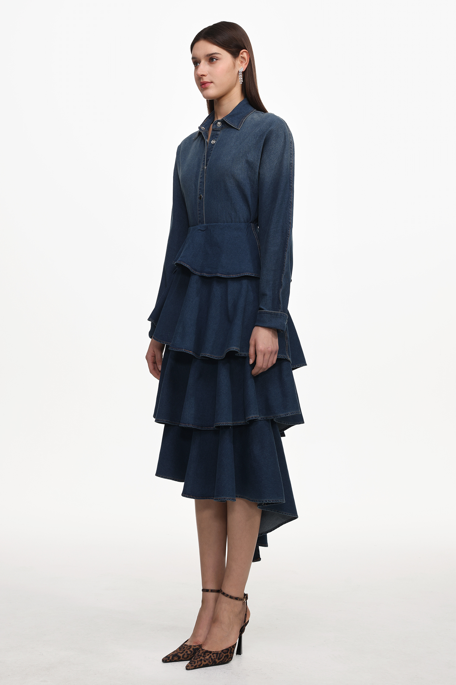 Imola Chic Flowy Long Sleeve Asymmetric Ruffle Denim Top And Skirt Set