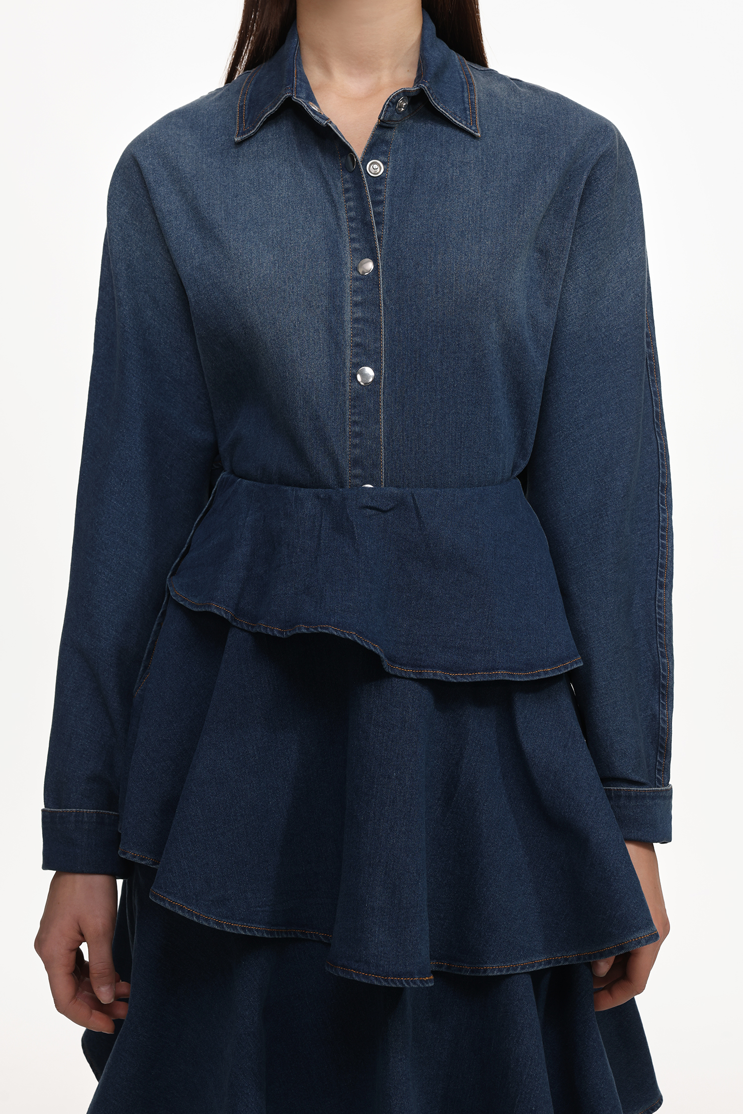 Imola Chic Flowy Long Sleeve Asymmetric Ruffle Denim Top And Skirt Set