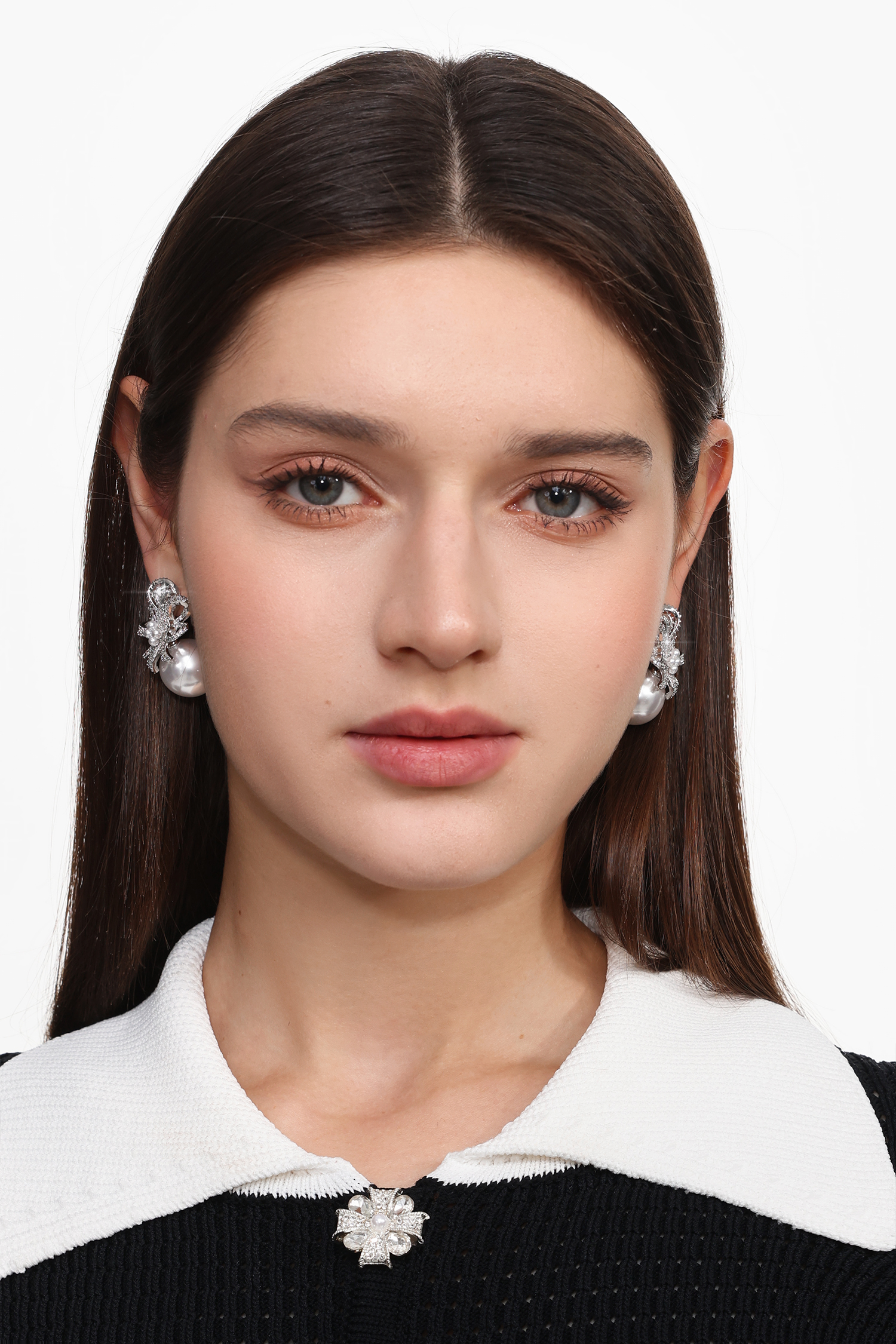 Yette Diamond Flower Bow Pearl Earrings