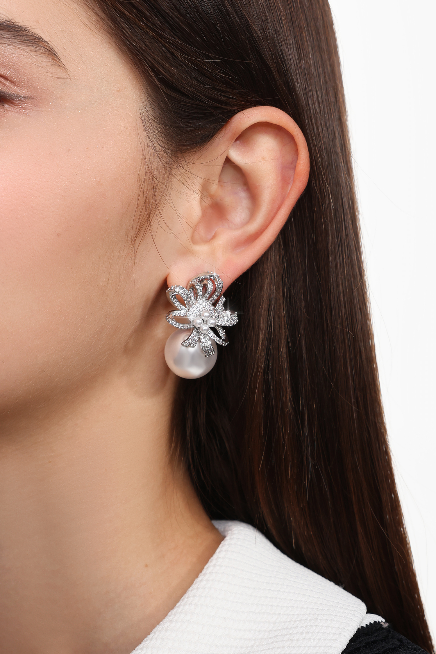 Yette Diamond Flower Bow Pearl Earrings