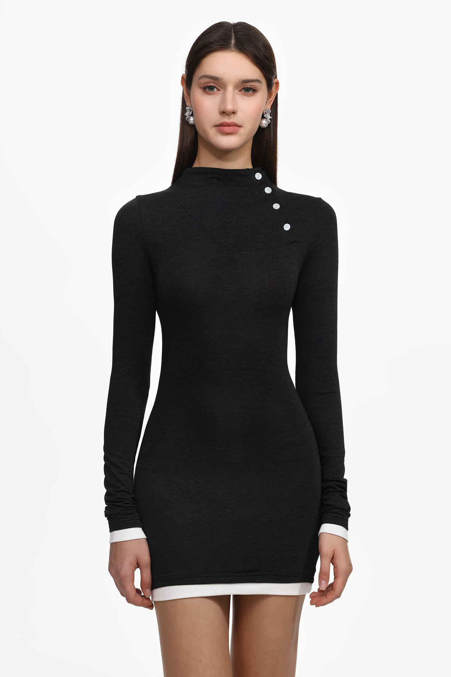 Lotus Chic Contour Long Sleeve Buttoned Knit Mini Dress