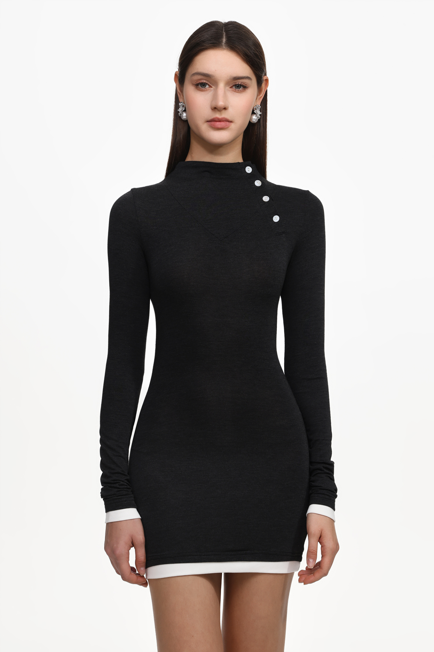 Lotus Chic Contour Long Sleeve Buttoned Knit Mini Dress