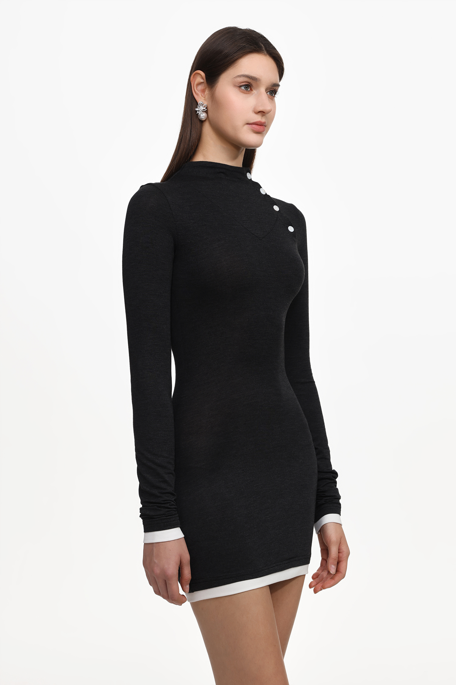 Lotus Chic Contour Long Sleeve Buttoned Knit Mini Dress