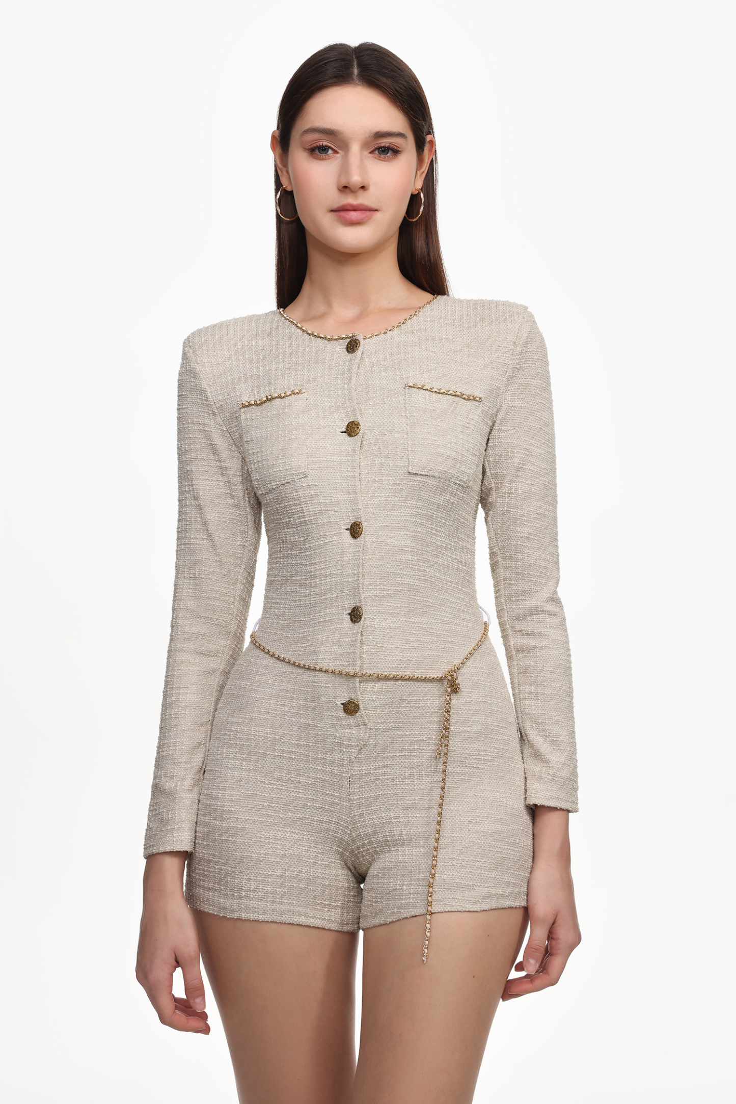 Geralynne Classic Tailored Round Neck Long Sleeve Buttoned Woven Mini Jumpsuit