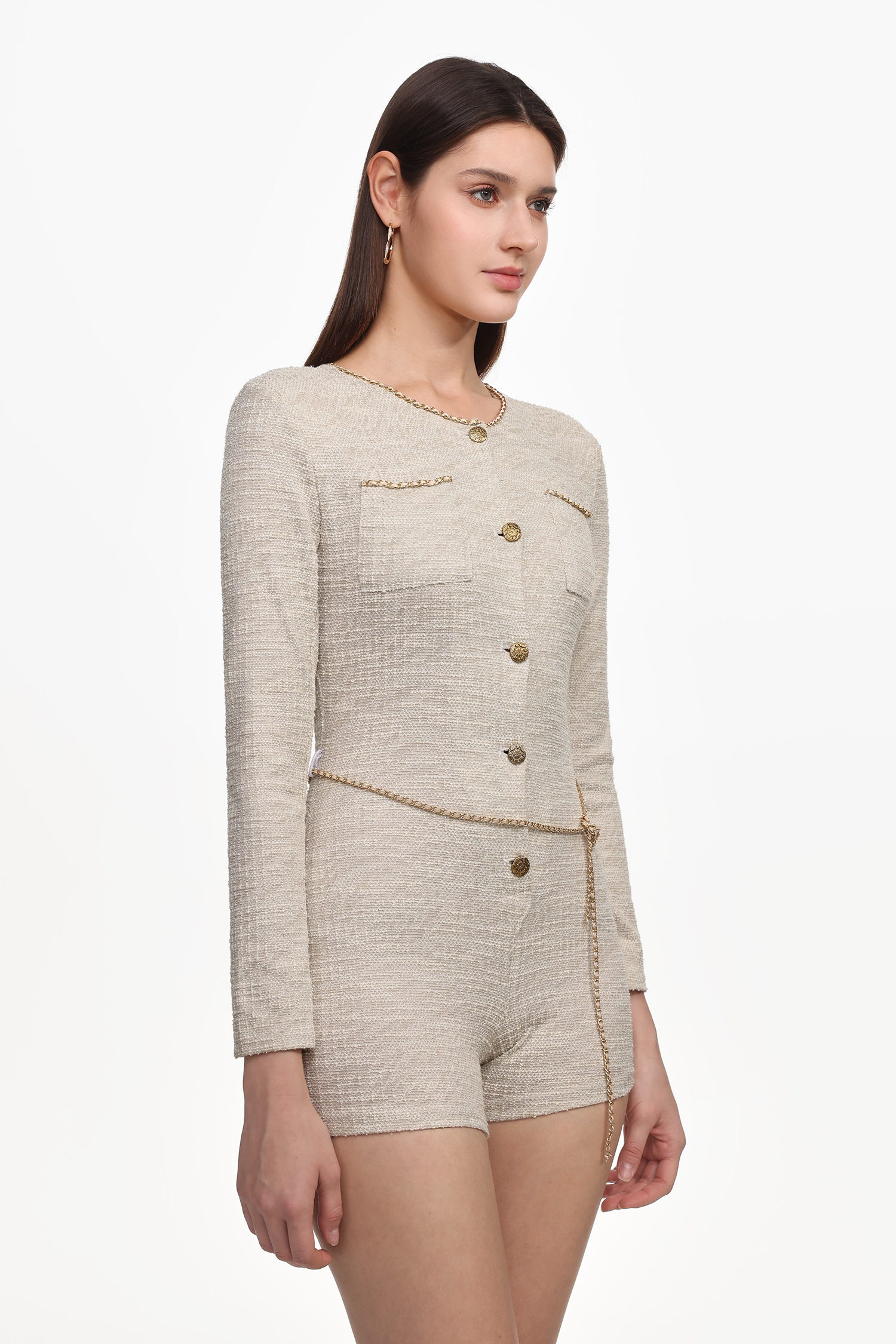 Geralynne Classic Tailored Round Neck Long Sleeve Buttoned Woven Mini Jumpsuit