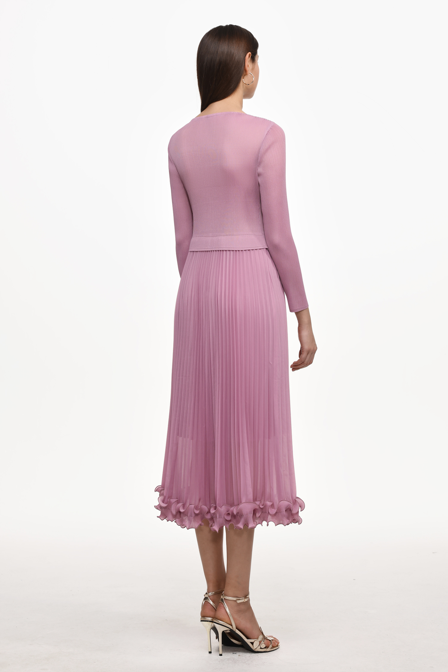 Lalie Resort Flowy Long Sleeve Ruffle Pleated Knit Maxi Dress