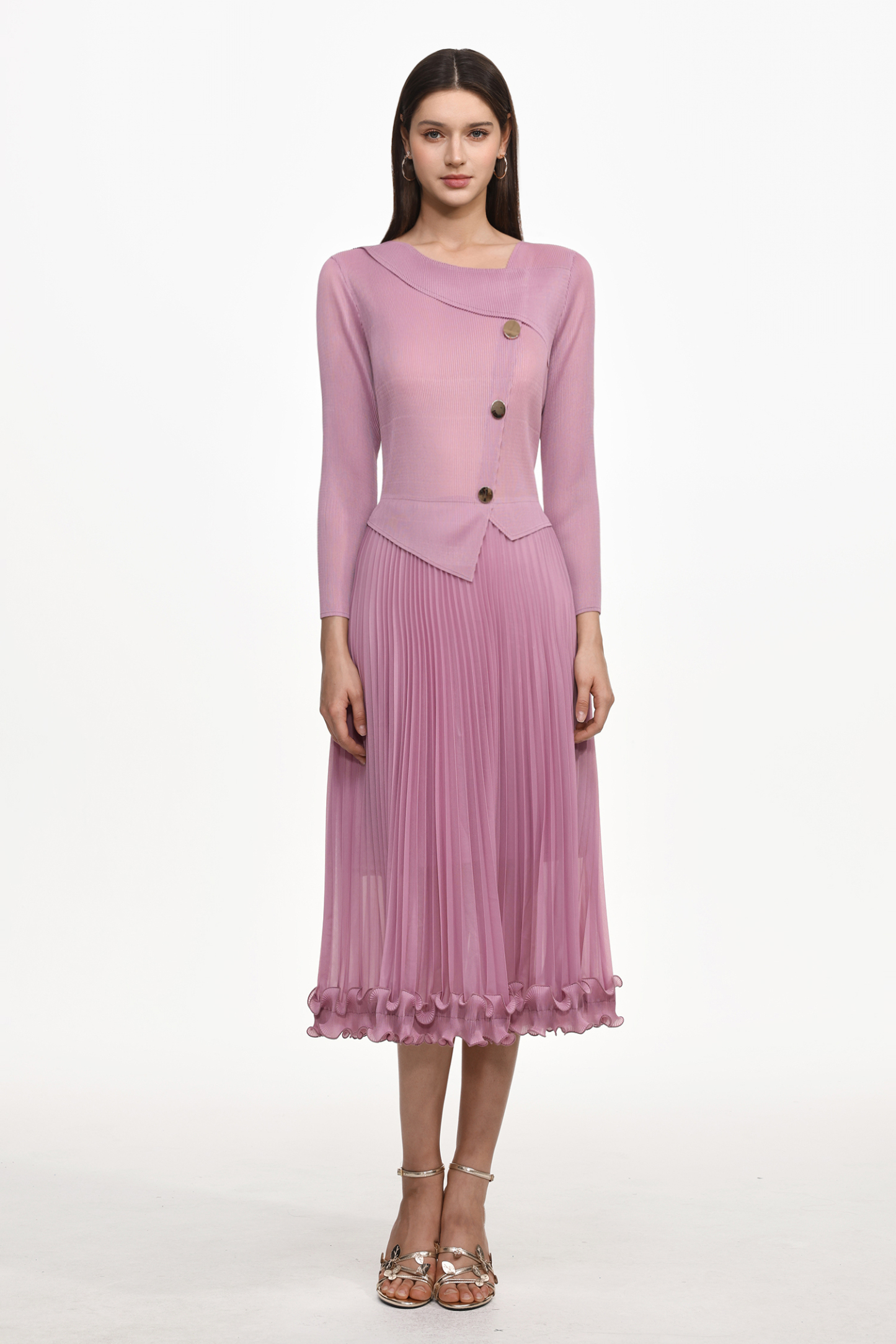 Lalie Resort Flowy Long Sleeve Ruffle Pleated Knit Maxi Dress