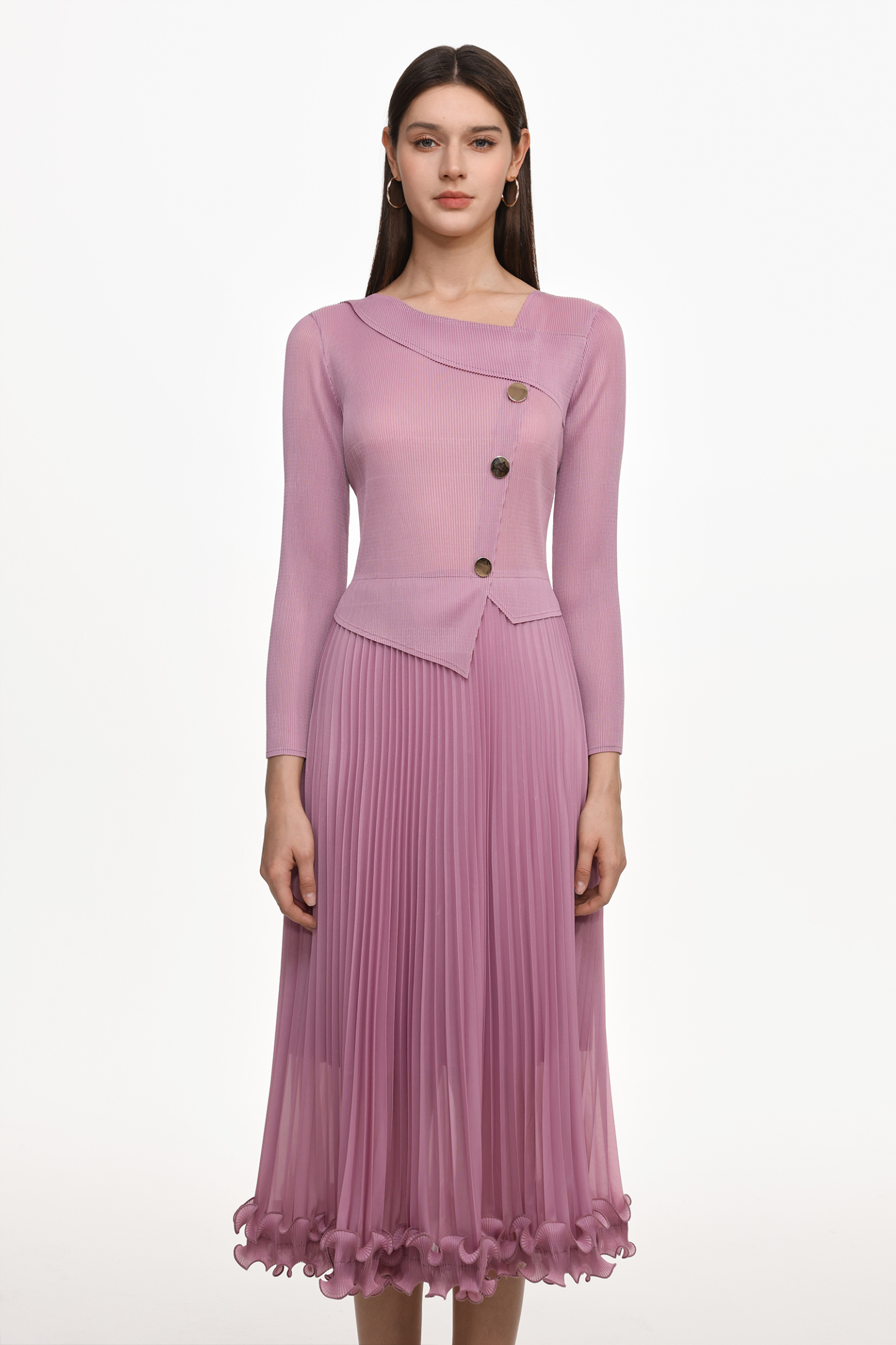 Lalie Resort Flowy Long Sleeve Ruffle Pleated Knit Maxi Dress