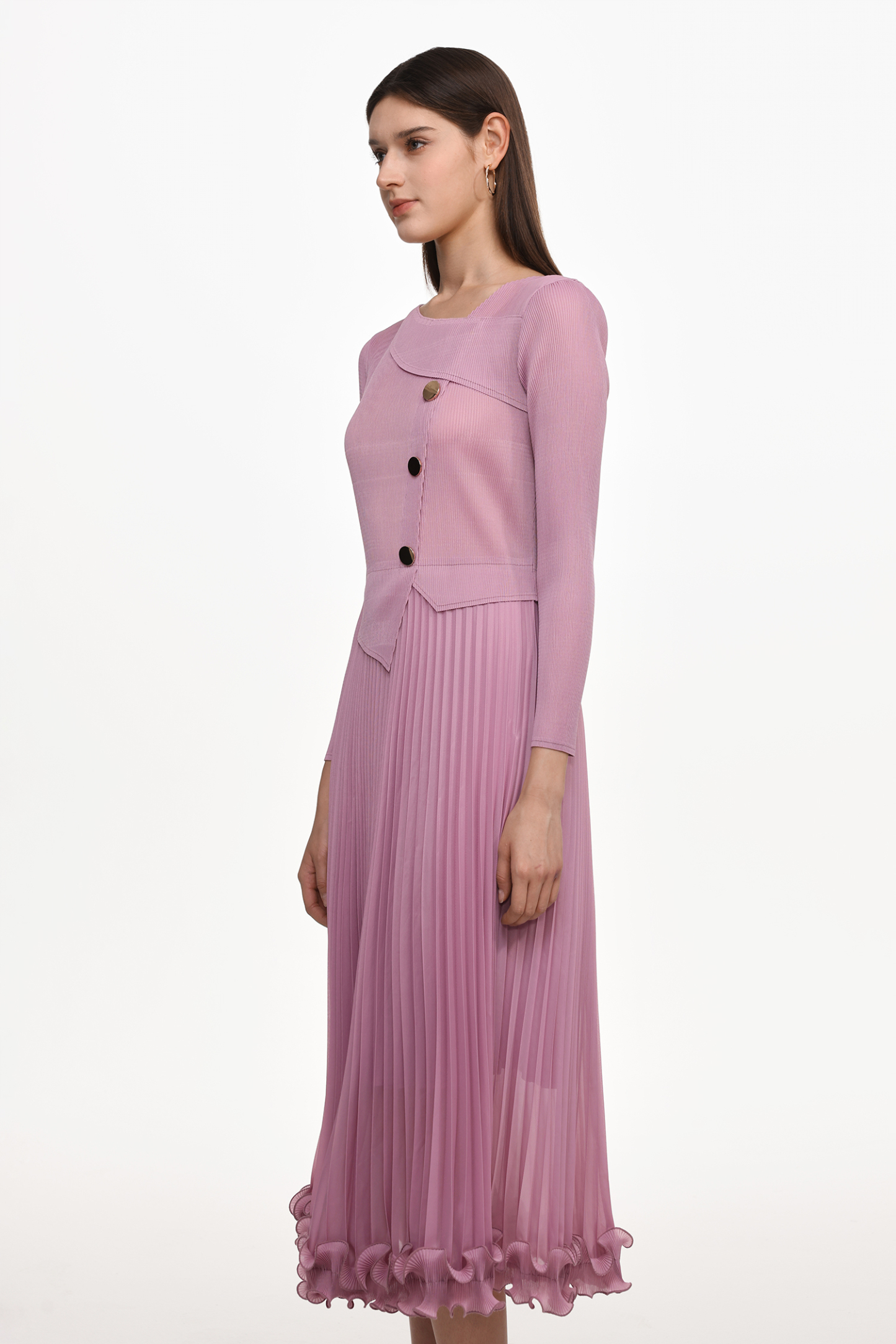 Lalie Resort Flowy Long Sleeve Ruffle Pleated Knit Maxi Dress
