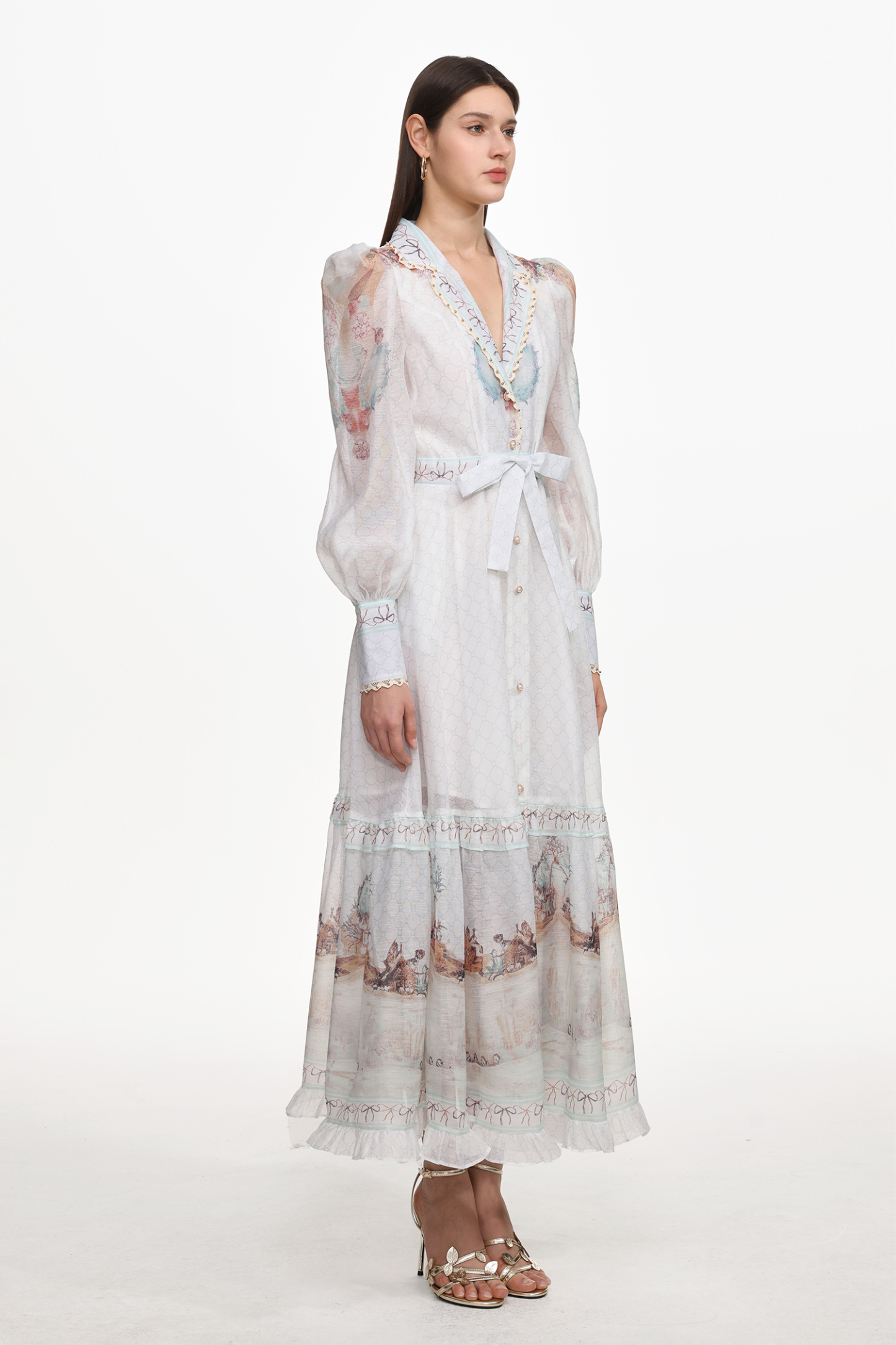 Iomo Resort Flowy Long Sleeve Buttoned Floral Print Woven Maxi Dress