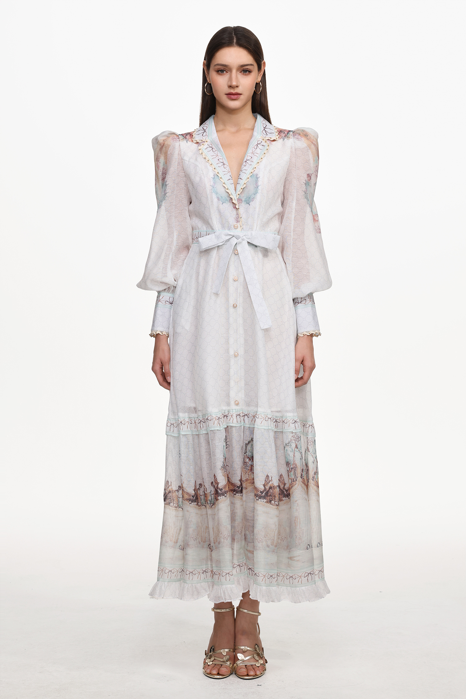 Iomo Resort Flowy Long Sleeve Buttoned Floral Print Woven Maxi Dress