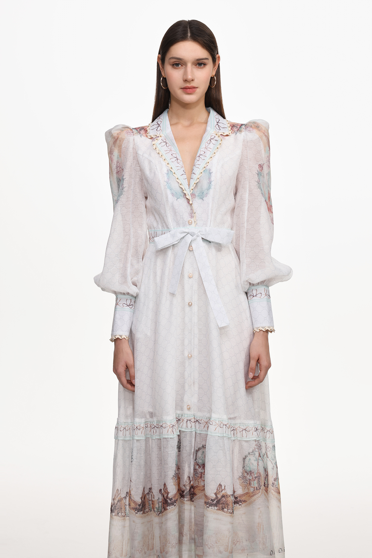 Iomo Resort Flowy Long Sleeve Buttoned Floral Print Woven Maxi Dress