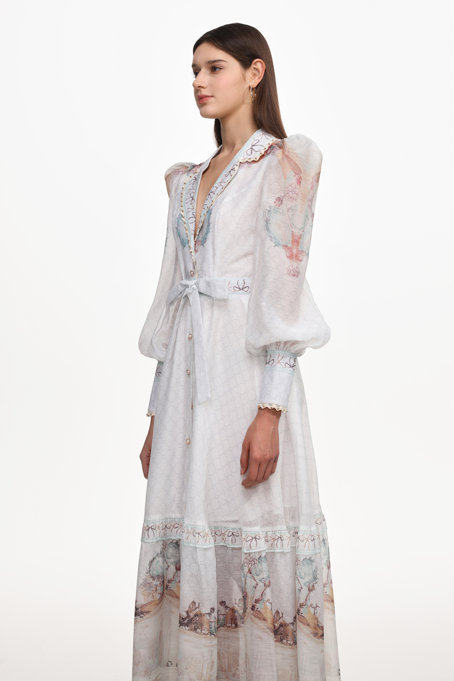 Iomo Resort Flowy Long Sleeve Buttoned Floral Print Woven Maxi Dress