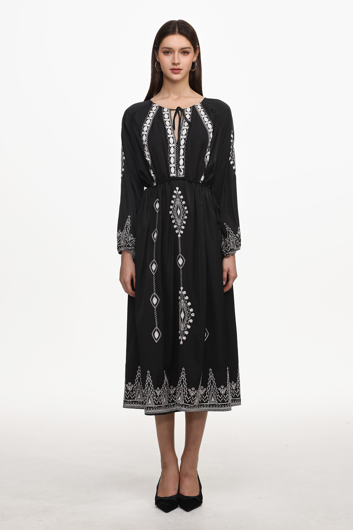 Wedasa Resort Flowy Round Neck Long Sleeve Print Woven Maxi Dress