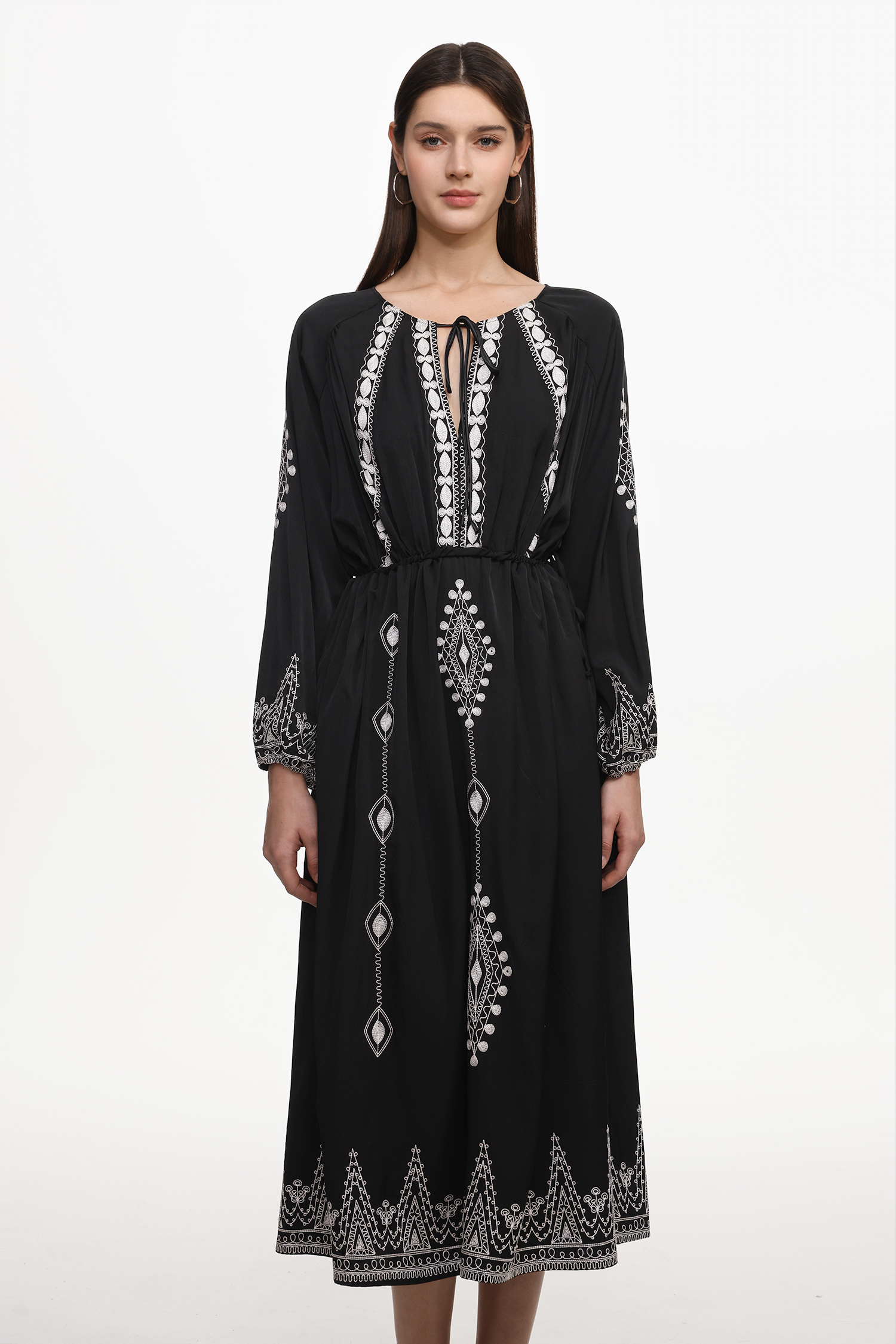 Wedasa Resort Flowy Round Neck Long Sleeve Print Woven Maxi Dress