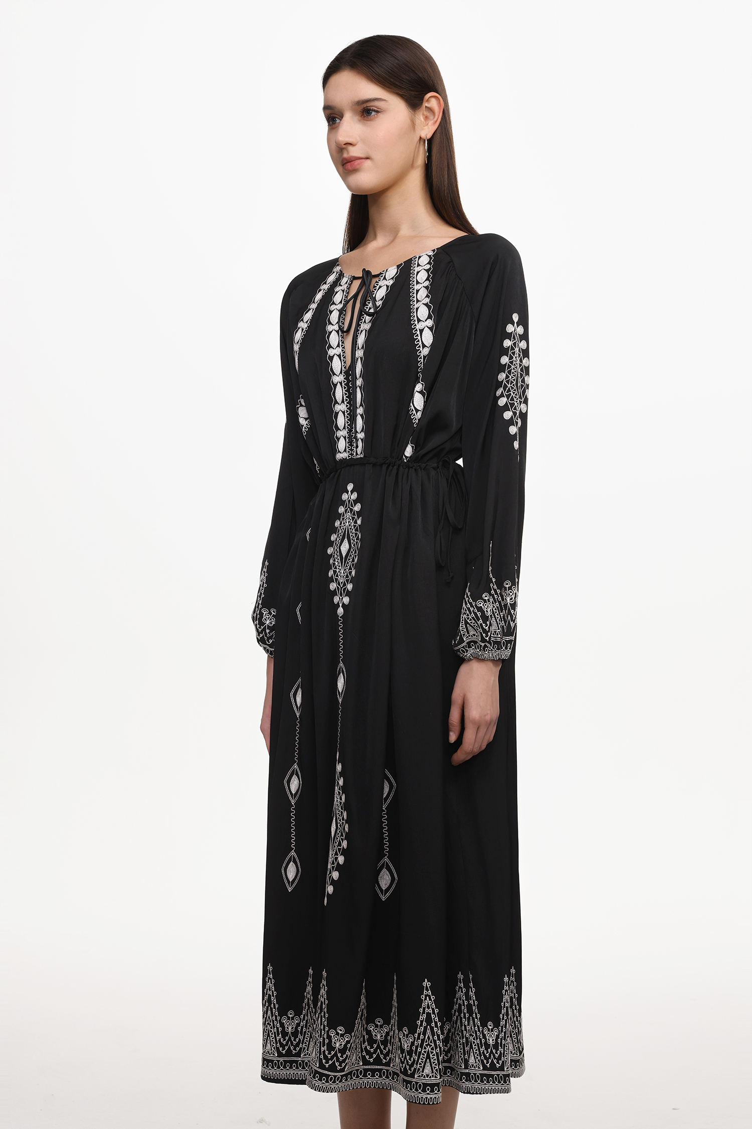 Wedasa Resort Flowy Round Neck Long Sleeve Print Woven Maxi Dress