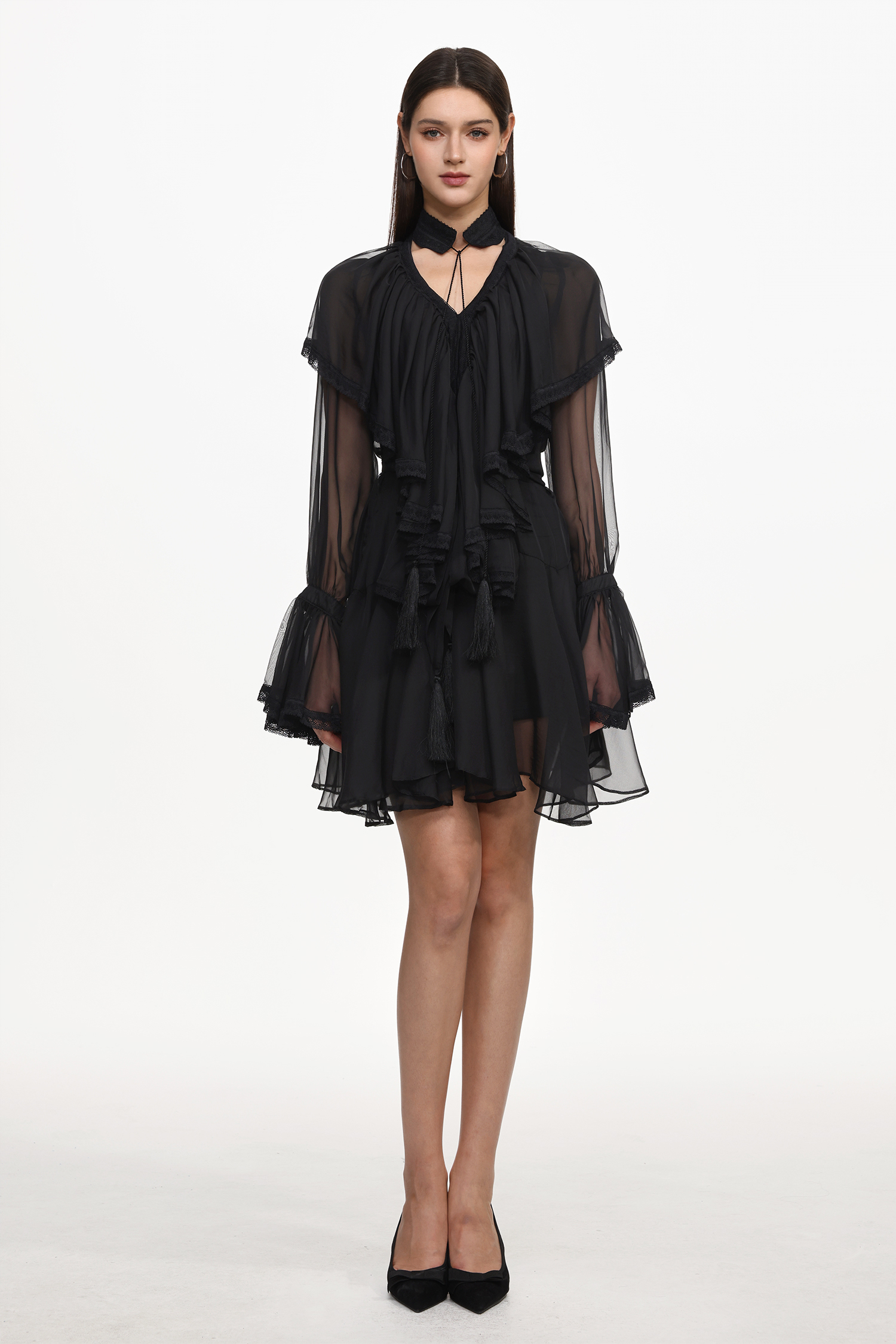 Jesse Resort Flowy Long Sleeve Ruffle Mesh Mini Dress