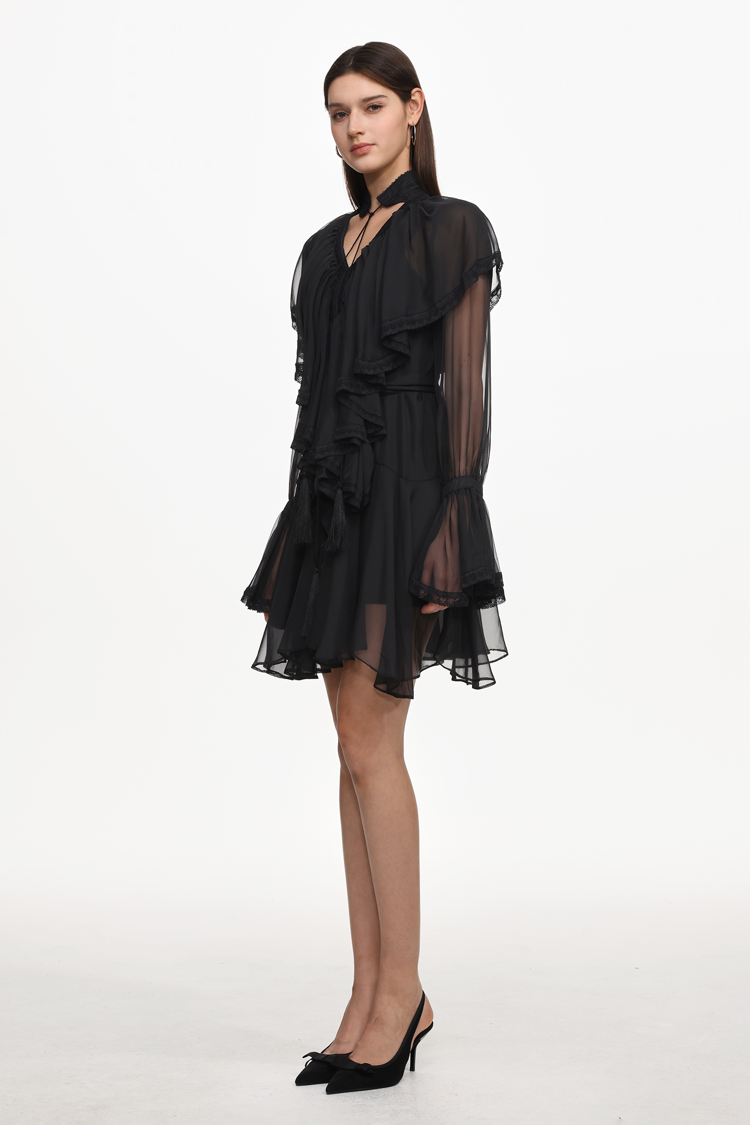 Jesse Resort Flowy Long Sleeve Ruffle Mesh Mini Dress
