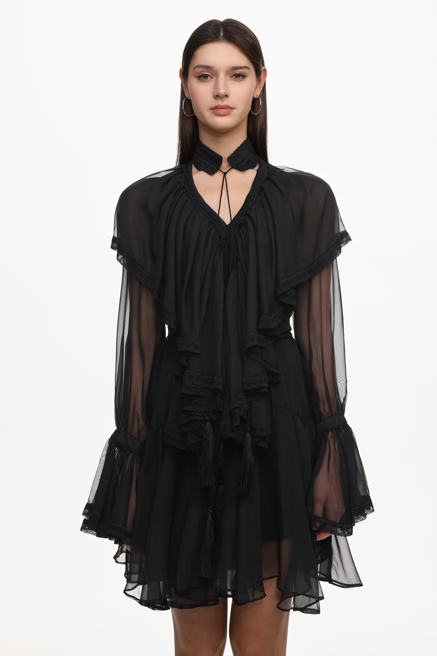 Jesse Resort Flowy Long Sleeve Ruffle Mesh Mini Dress