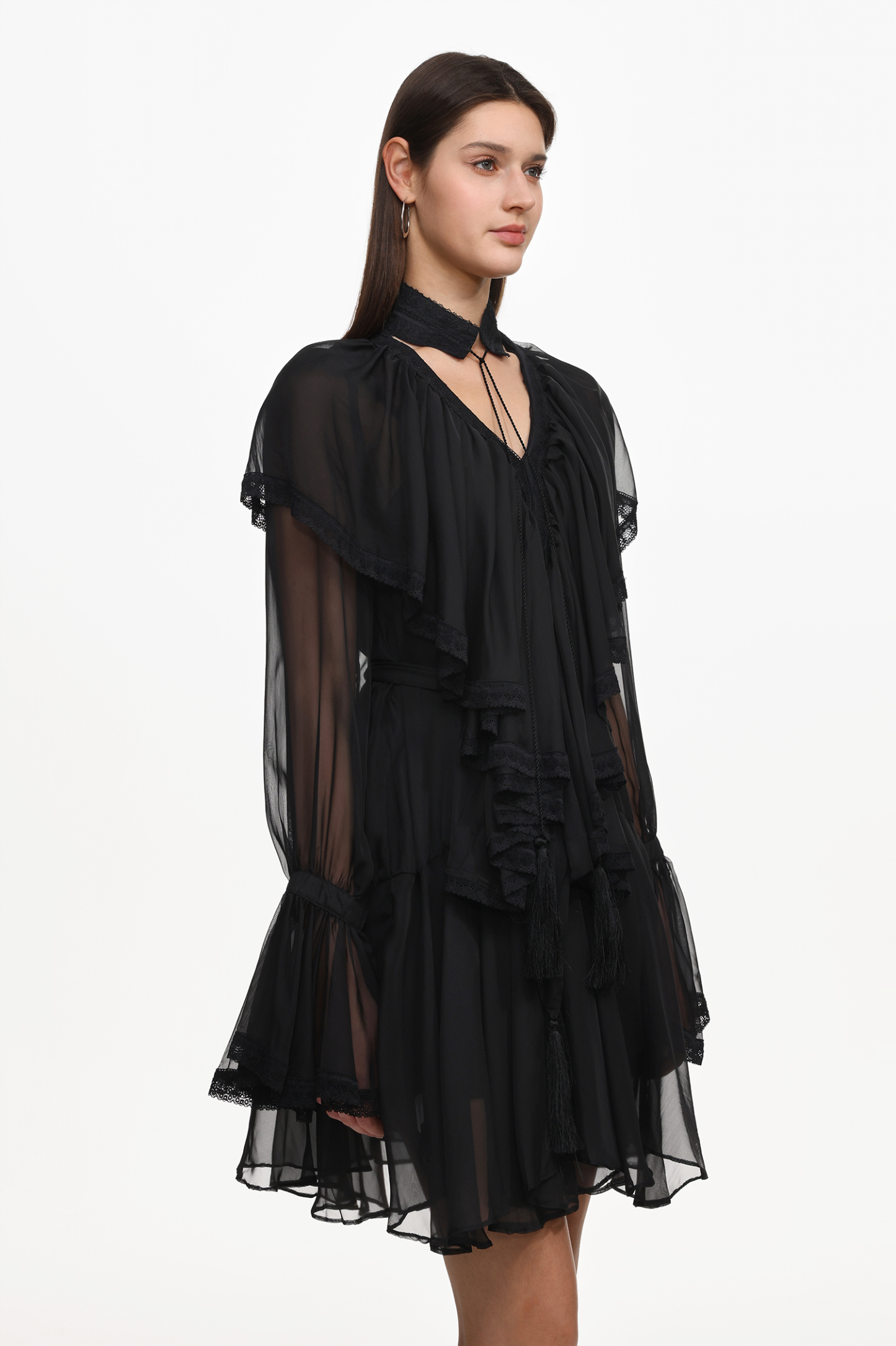 Jesse Resort Flowy Long Sleeve Ruffle Mesh Mini Dress