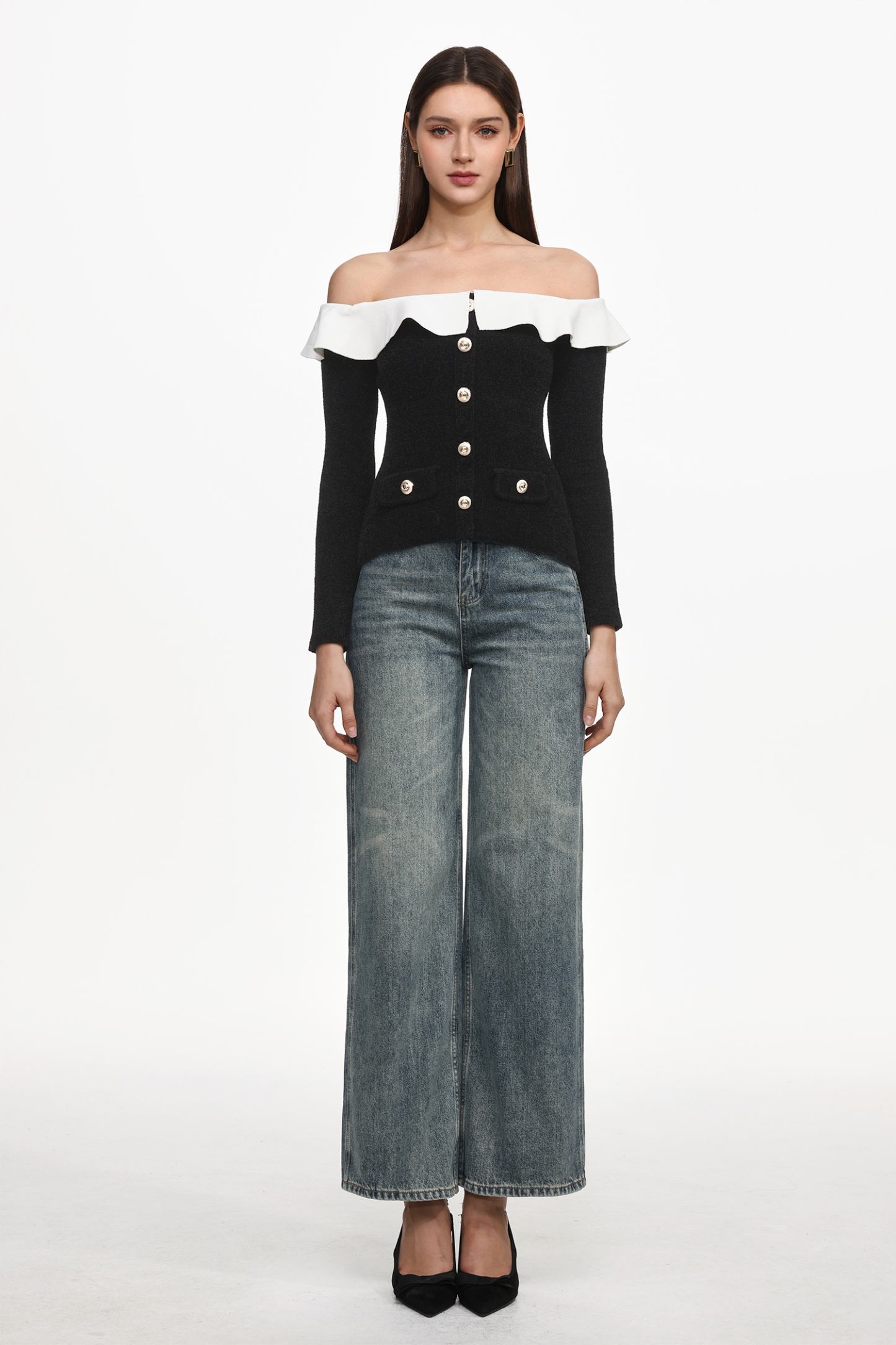 Mignon Vintage Contour Off Shoulder Long Sleeve Buttoned Ruffle Woven Top