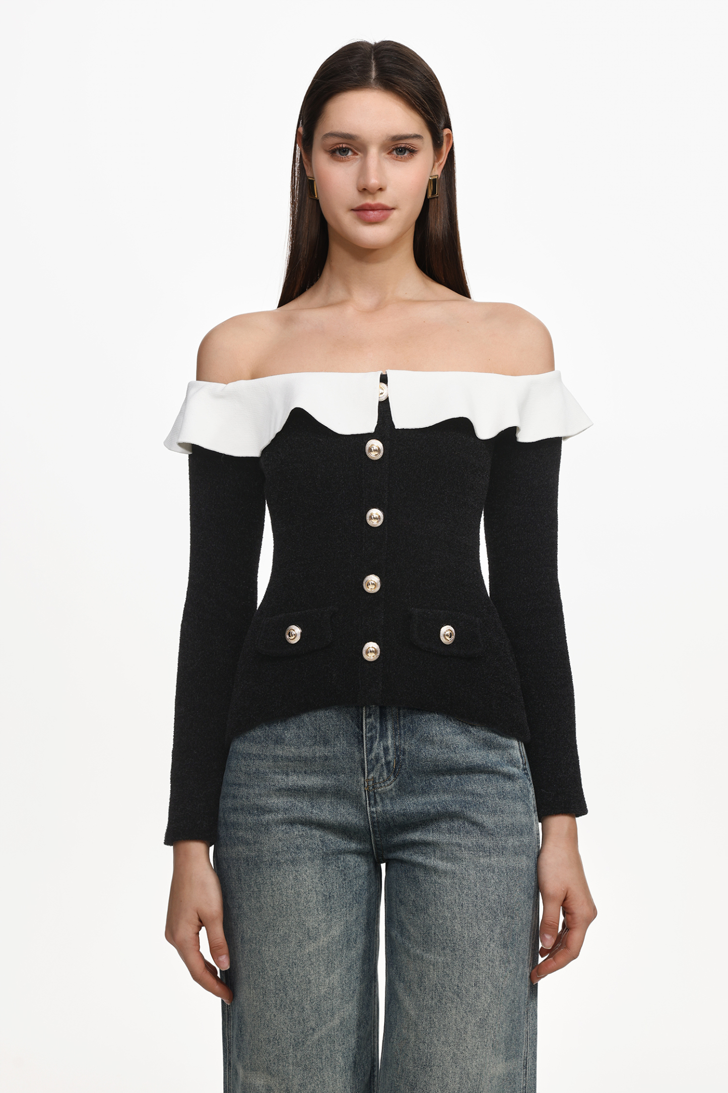 Mignon Vintage Contour Off Shoulder Long Sleeve Buttoned Ruffle Woven Top
