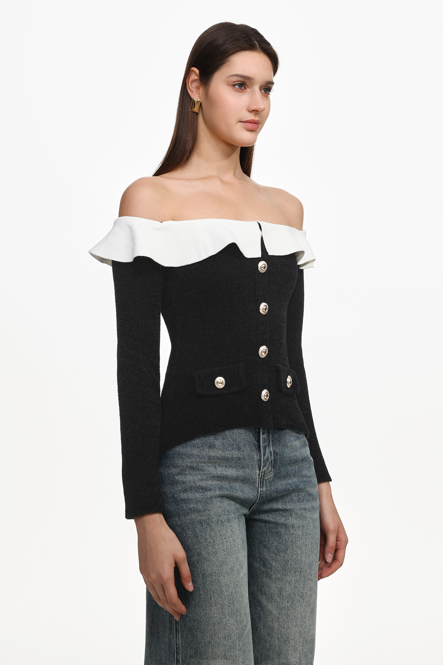 Mignon Vintage Contour Off Shoulder Long Sleeve Buttoned Ruffle Woven Top