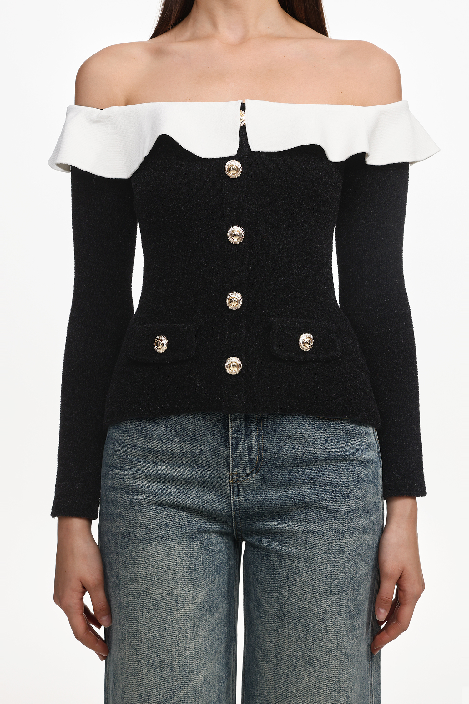 Mignon Vintage Contour Off Shoulder Long Sleeve Buttoned Ruffle Woven Top