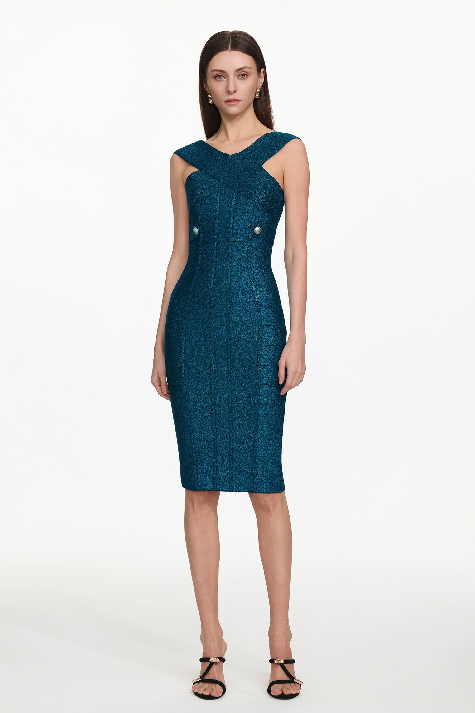 Fresco Sleeveless V-Neck Bandage Midi Dress