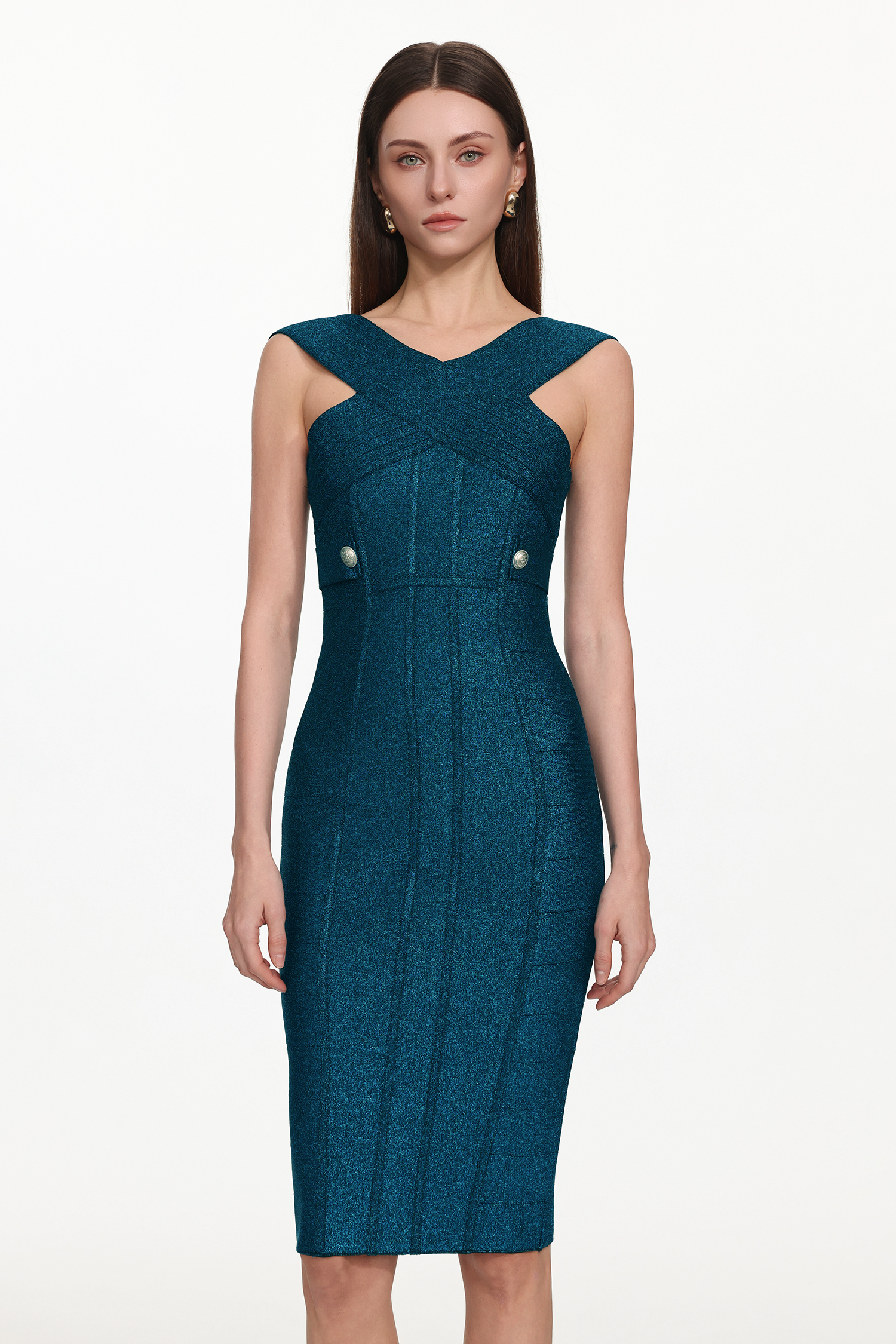 Fresco Sleeveless V-Neck Bandage Midi Dress