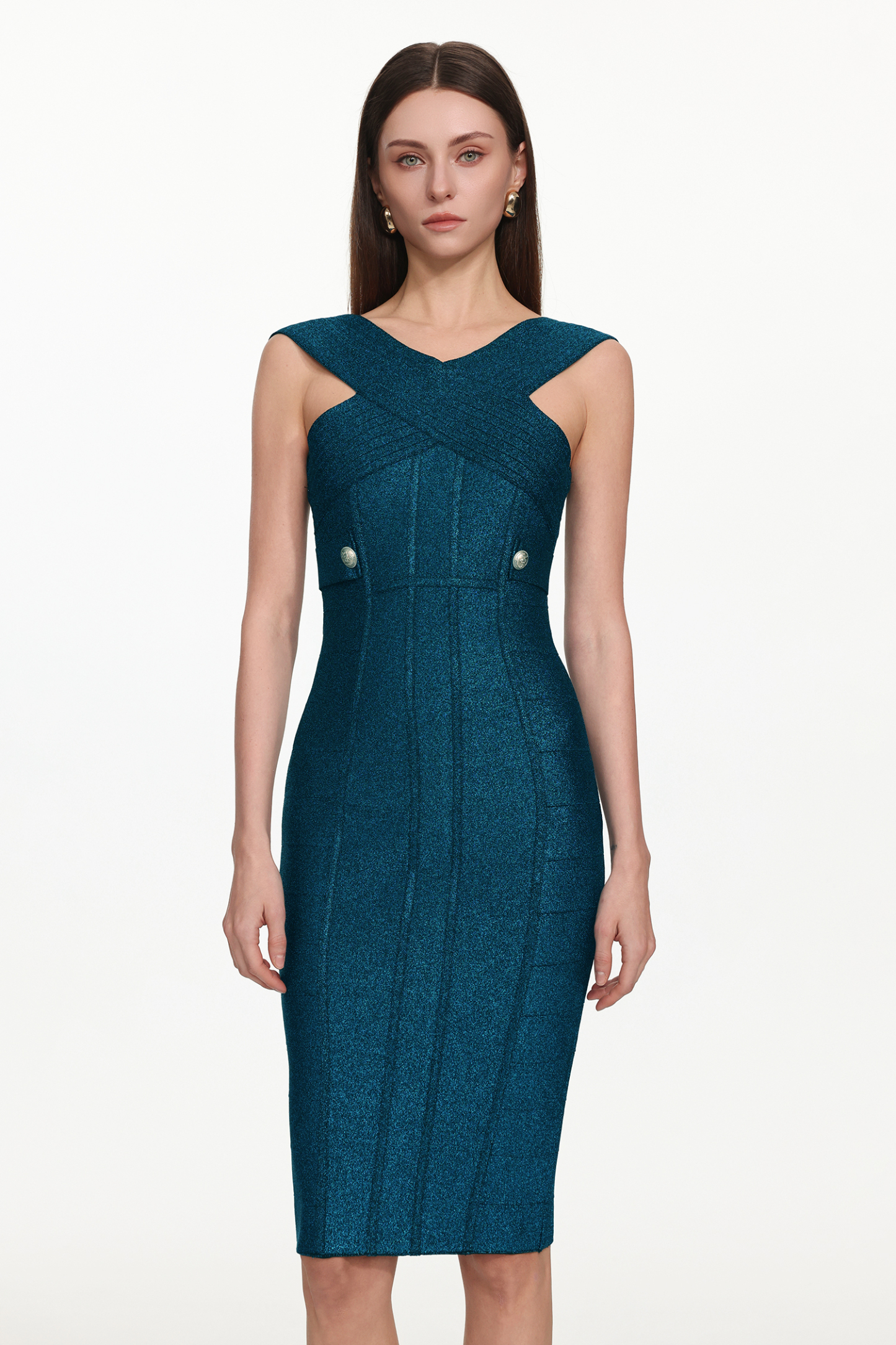 Fresco Sleeveless V-Neck Bandage Midi Dress