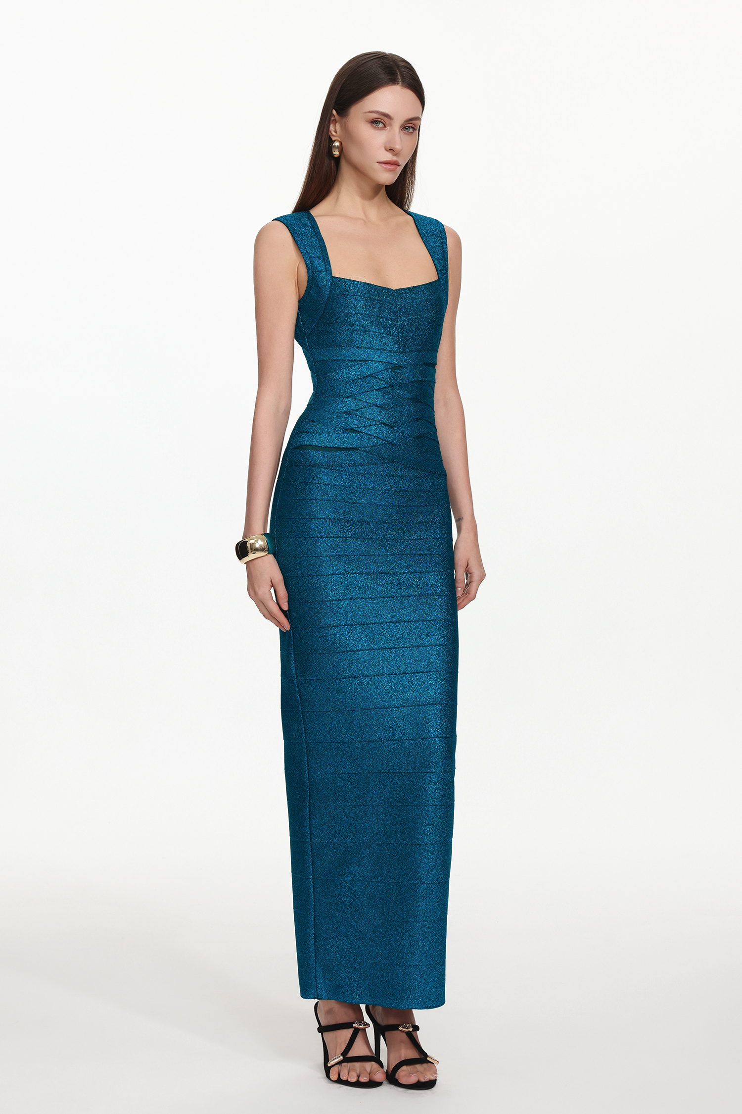 Valentina Chic Contour Square Neck Sleeveless Cross Over Metallic Bandage Maxi Dress