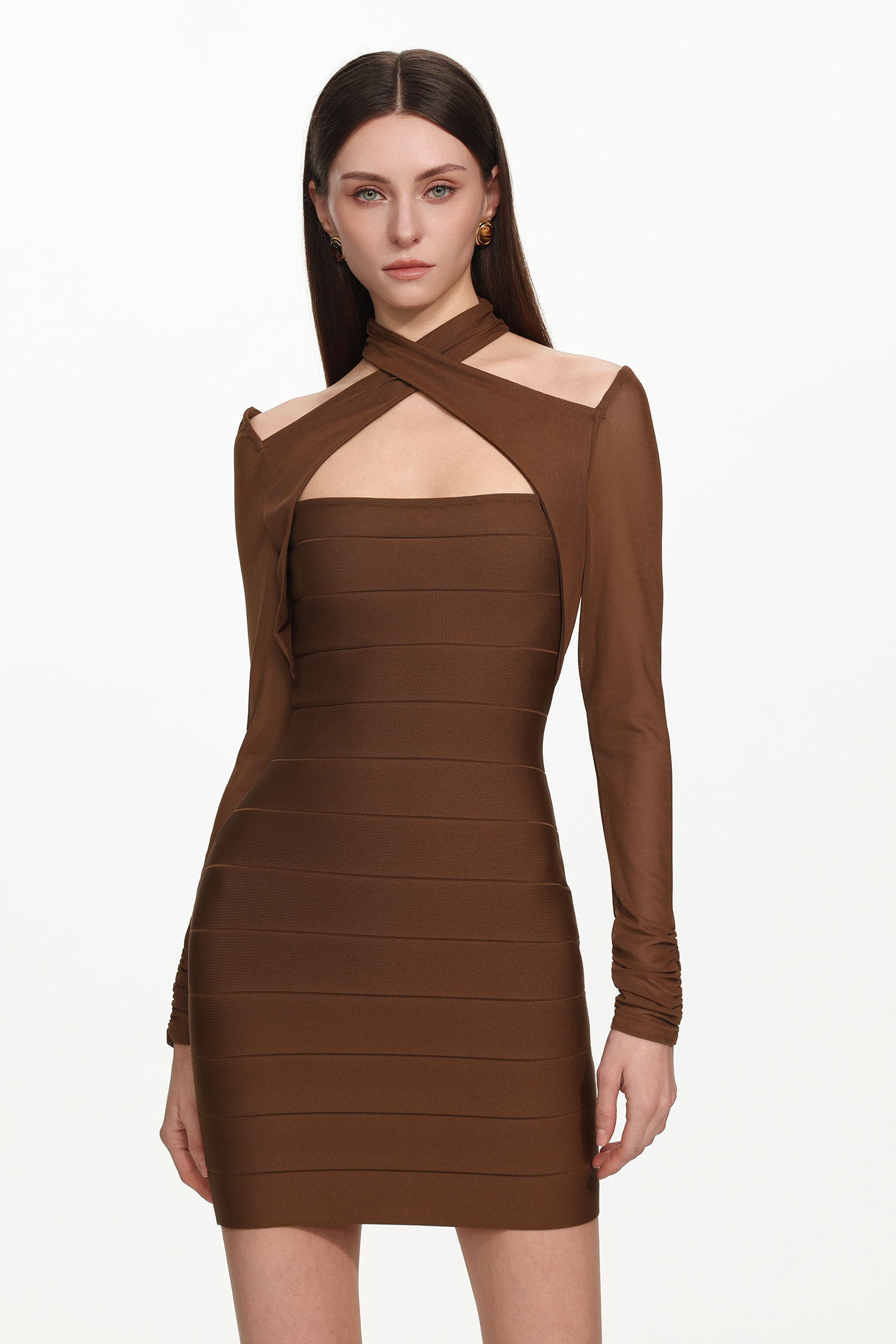 Estrela Classic Contour Overlay Long Sleeve Bandage Mini Dress
