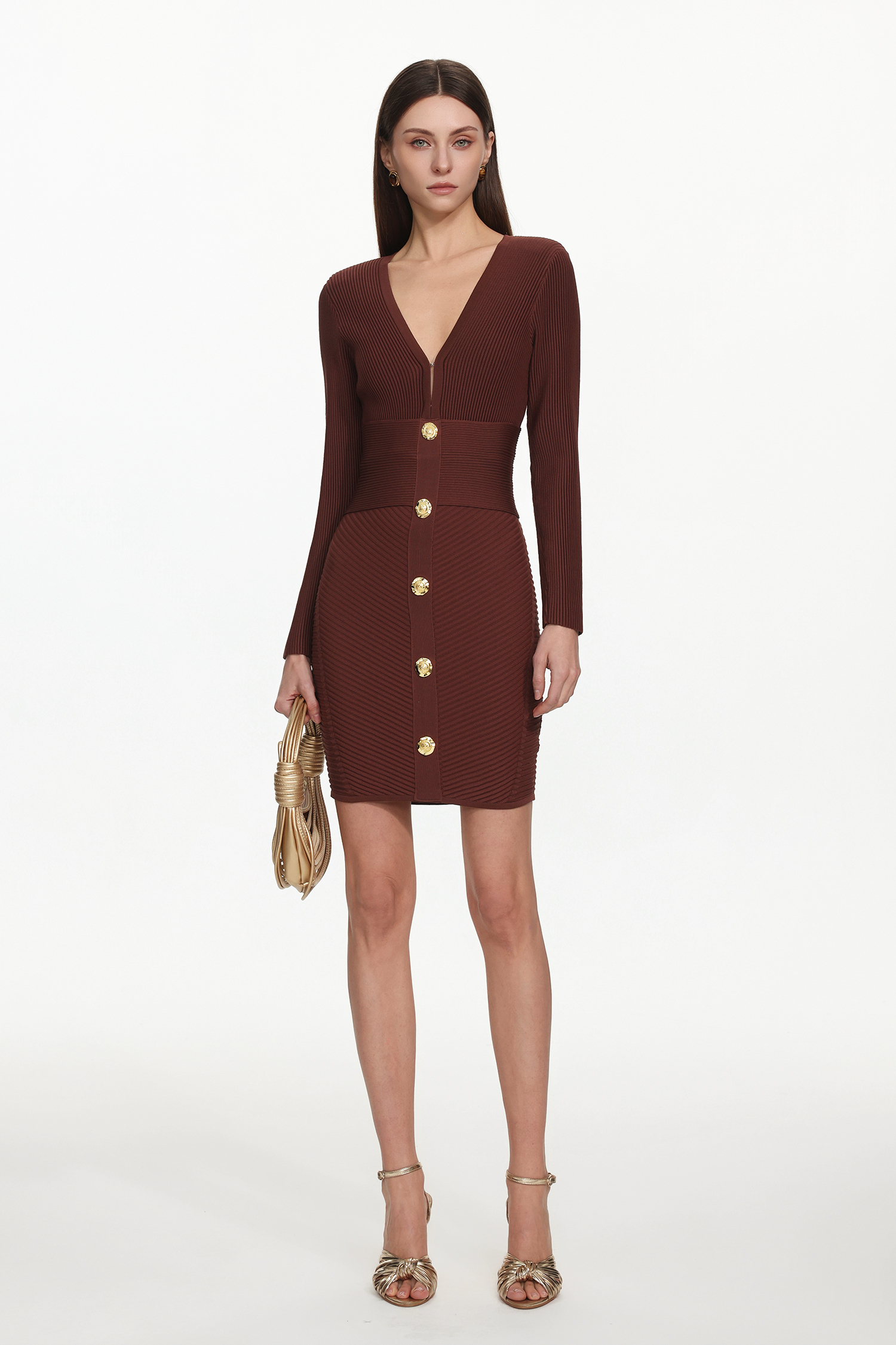 Davo Classic Contour V Neck Long Sleeve Buttoned Knit Mini Dress